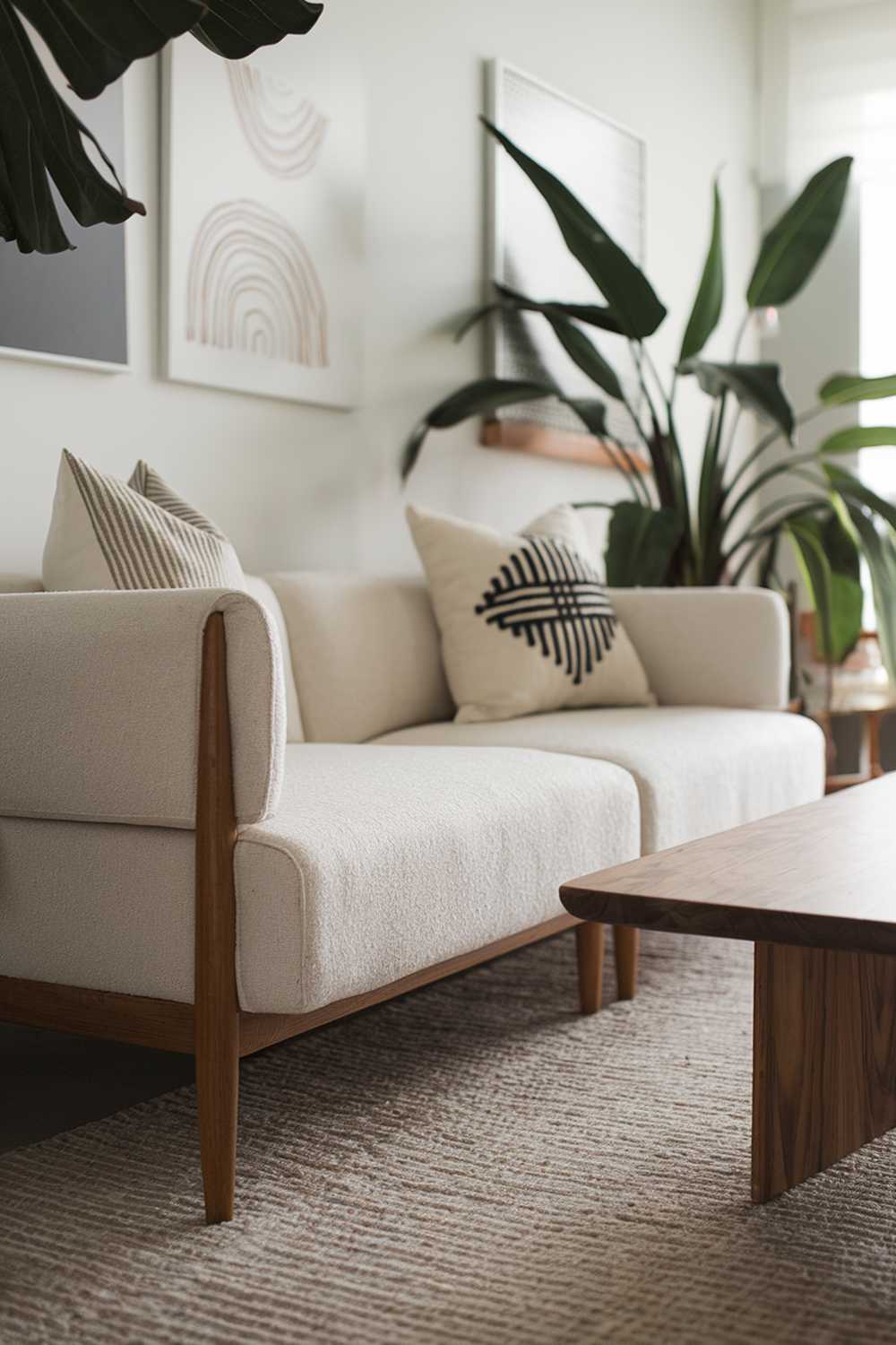 A modern Scandinavian living room decor. The image shows a white couch with wooden legs and a few decorative pillows. There is a wooden coffee table beside the couch. The floor is covered with a beige rug. The wall has a few pieces of art. There is a large potted plant near the wall. The lighting is soft.