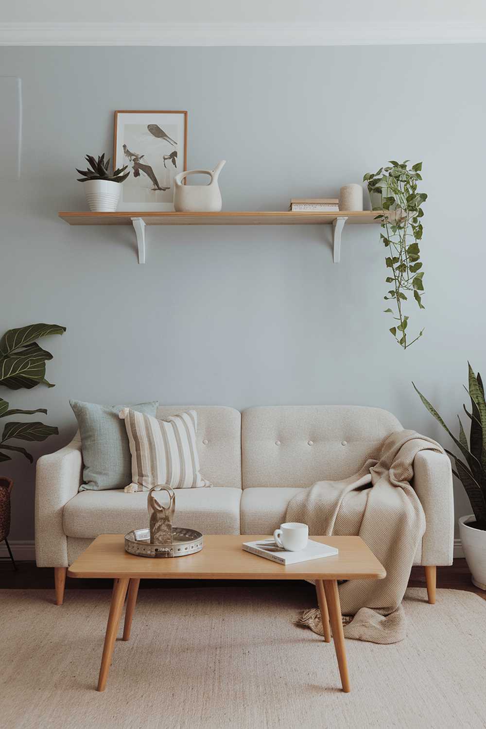 A modern Scandinavian living room decor. The room has a beige sofa with a few throw pillows. There is a wooden coffee table in front of the sofa. The walls are painted in light blue. There are a few potted plants and a decorative item on the shelf above the sofa. The floor is covered with a beige rug.