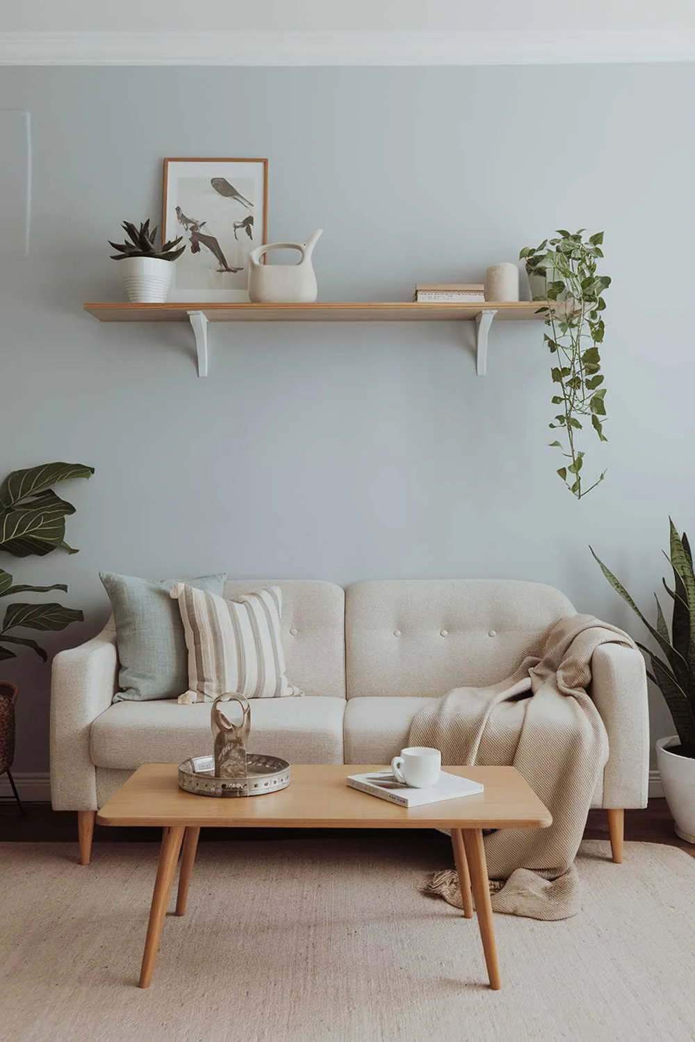 47 Modern Scandinavian Living Room Ideas to Try 8 A modern Scandinavian living room decor. The room has a beige sofa with a few throw pillows. There is a wooden coffee table in front of the sofa. The walls are painted in light blue. There are a few potted plants and a decorative item on the shelf above the sofa. The floor is covered with a beige rug.