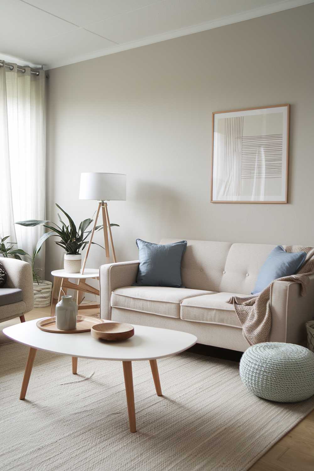 A modern Scandinavian living room decor. There's a beige sofa with blue cushions, a white coffee table with a wooden base, and a beige rug. There are also a few decorative items, such as a wooden bowl, a lamp, and a plant. The walls are painted in a light gray color.