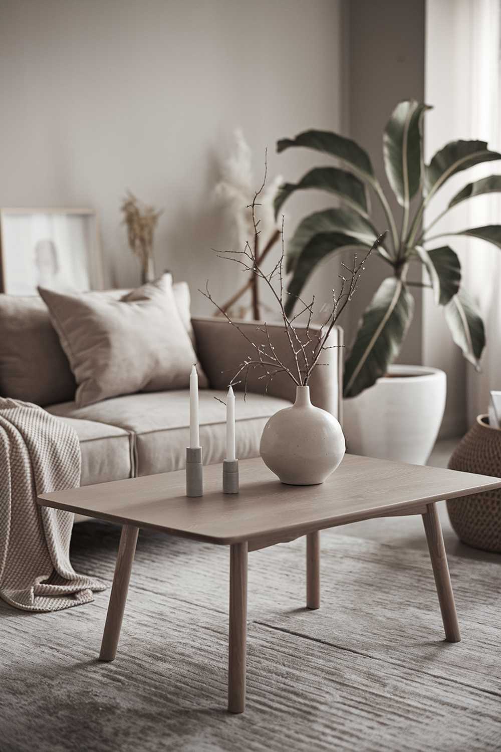 A modern Scandinavian living room decor. There's a beige sofa with a few cushions and a gray rug. There's a wooden coffee table with a white vase and some branches. There are two white candles on the table. The walls are painted in a soft gray shade. There's a large white potted plant in the background. The room has a few items of decor, including a beige basket and a white vase. The lighting is soft.