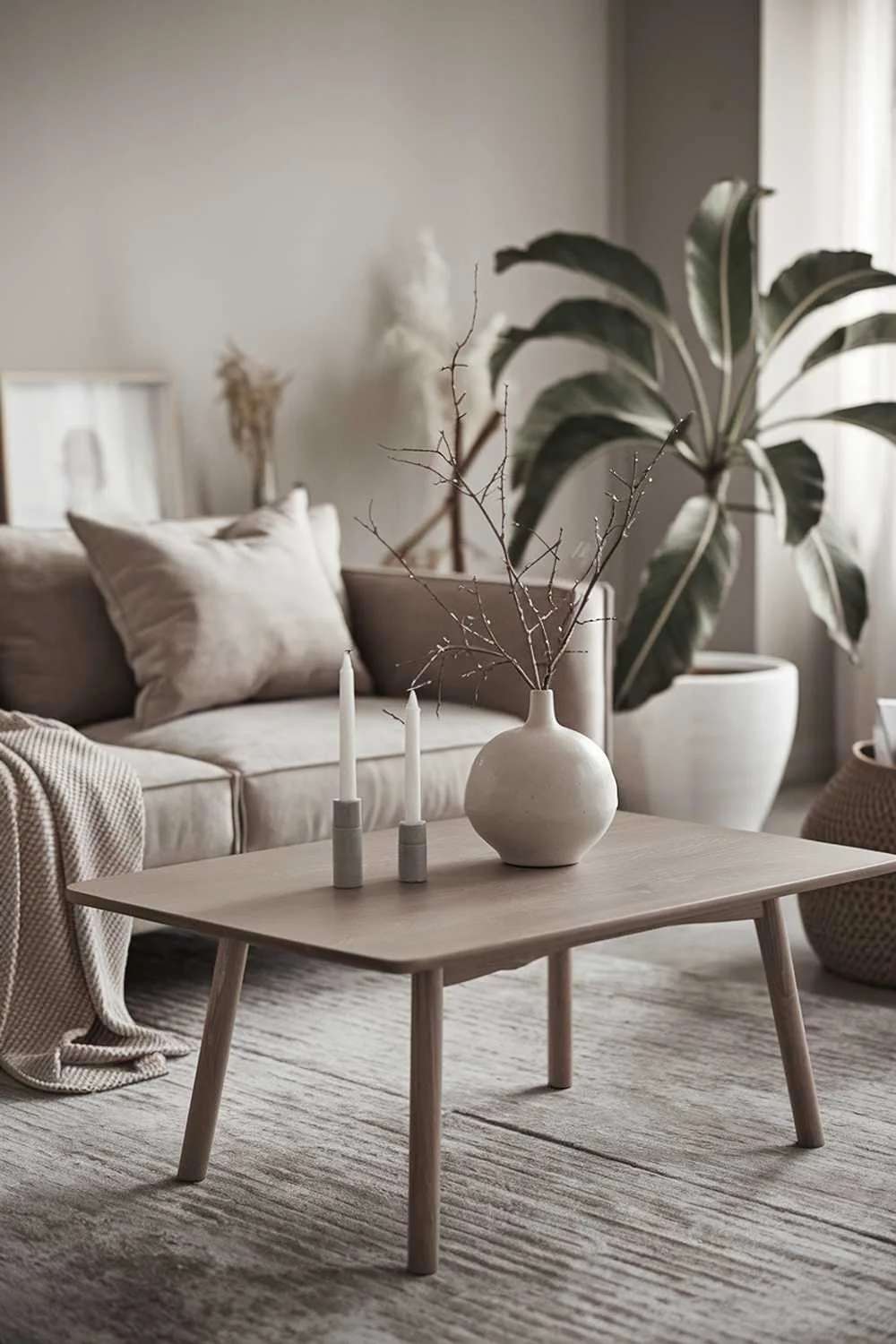 47 Modern Scandinavian Living Room Ideas to Try 10 A modern Scandinavian living room decor. There's a beige sofa with a few cushions and a gray rug. There's a wooden coffee table with a white vase and some branches. There are two white candles on the table. The walls are painted in a soft gray shade. There's a large white potted plant in the background. The room has a few items of decor, including a beige basket and a white vase. The lighting is soft.