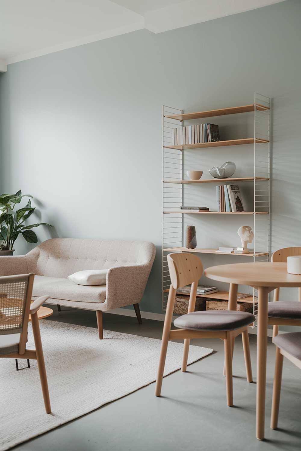 A modern Scandinavian living room decor. There's a beige sofa with wooden legs, a few chairs with cushions, a round wooden table, and a bookshelf. The bookshelf has some books and decorative items. The floor is covered with a white rug. The walls are painted in a light blue shade. There's a potted plant near the sofa.