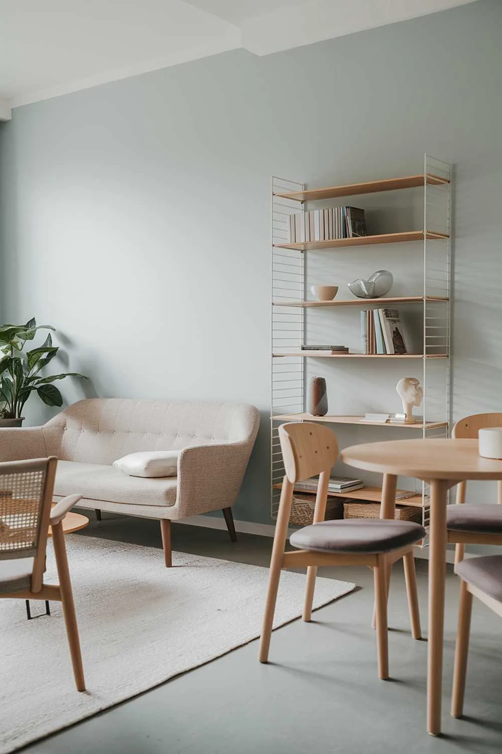 47 Modern Scandinavian Living Room Ideas to Try 11 A modern Scandinavian living room decor. There's a beige sofa with wooden legs, a few chairs with cushions, a round wooden table, and a bookshelf. The bookshelf has some books and decorative items. The floor is covered with a white rug. The walls are painted in a light blue shade. There's a potted plant near the sofa.