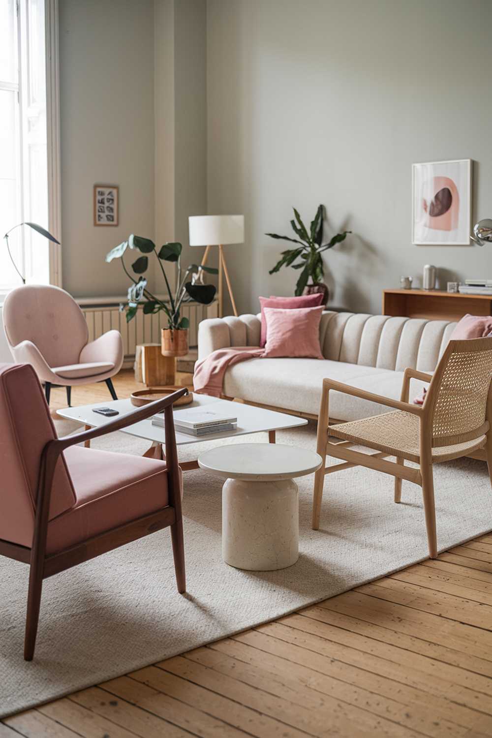 A large modern Scandinavian living room decor. The room has a wooden floor and is furnished with a beige sofa, a few wooden chairs, and a white coffee table. There's also a pink chair and a beige rug in the room. The walls are painted in a soft gray color. The room has a few potted plants and a lamp.