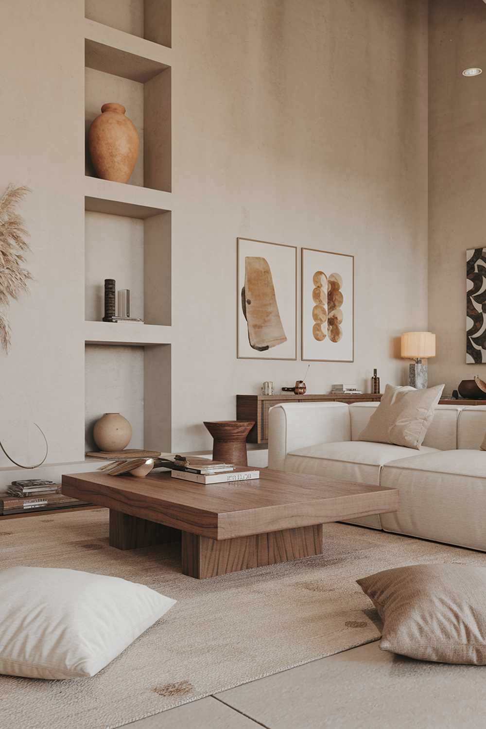 A large modern Scandinavian living room decor. The room has a white sofa with beige cushions and a beige rug. There's a wooden coffee table in the middle. On the left, there's a tall white shelf with a few decorative items, including a large vase. The wall has a few pieces of art and a lamp. The floor has a few throw pillows. The overall room has a minimalist design with a warm ambiance.