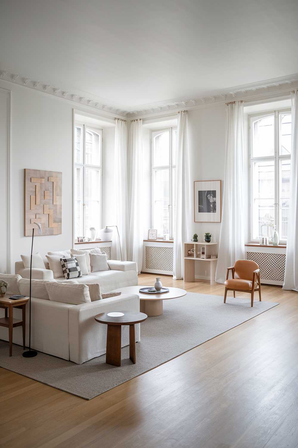 A large, modern Scandinavian living room with a minimalist decor. The room has a white sofa with a few cushions and a coffee table in the middle. There is a wooden side table near the sofa. The walls have a few pieces of art. The floor is made of light wood. The room has large windows