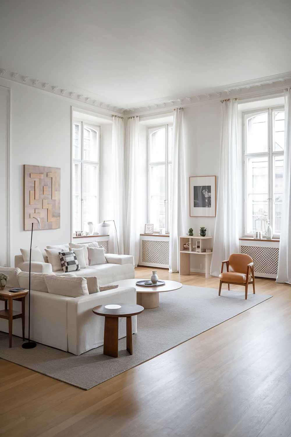 47 Modern Scandinavian Living Room Ideas to Try 15 A large, modern Scandinavian living room with a minimalist decor. The room has a white sofa with a few cushions and a coffee table in the middle. There is a wooden side table near the sofa. The walls have a few pieces of art. The floor is made of light wood. The room has large windows