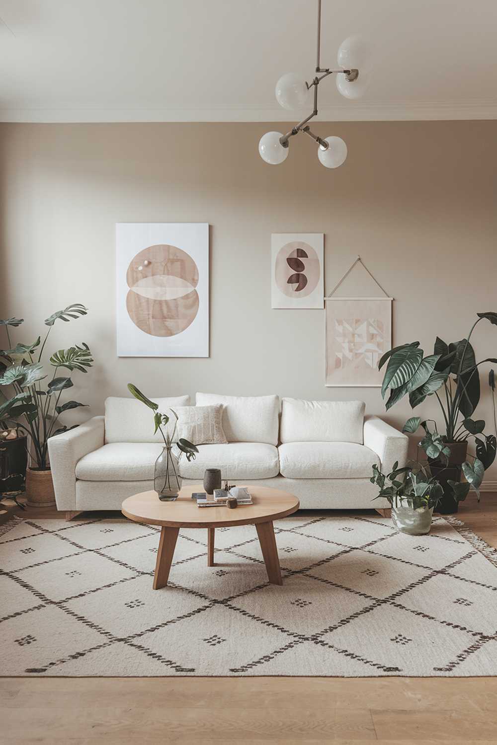 A large modern Scandinavian living room decor. The room features a large white sofa with a few pillows and a wooden coffee table in the middle. There are a few plants scattered around the room. The walls are painted beige, and there are a few pieces of artwork hanging on the wall. The floor is covered with a large rug with a geometric pattern.