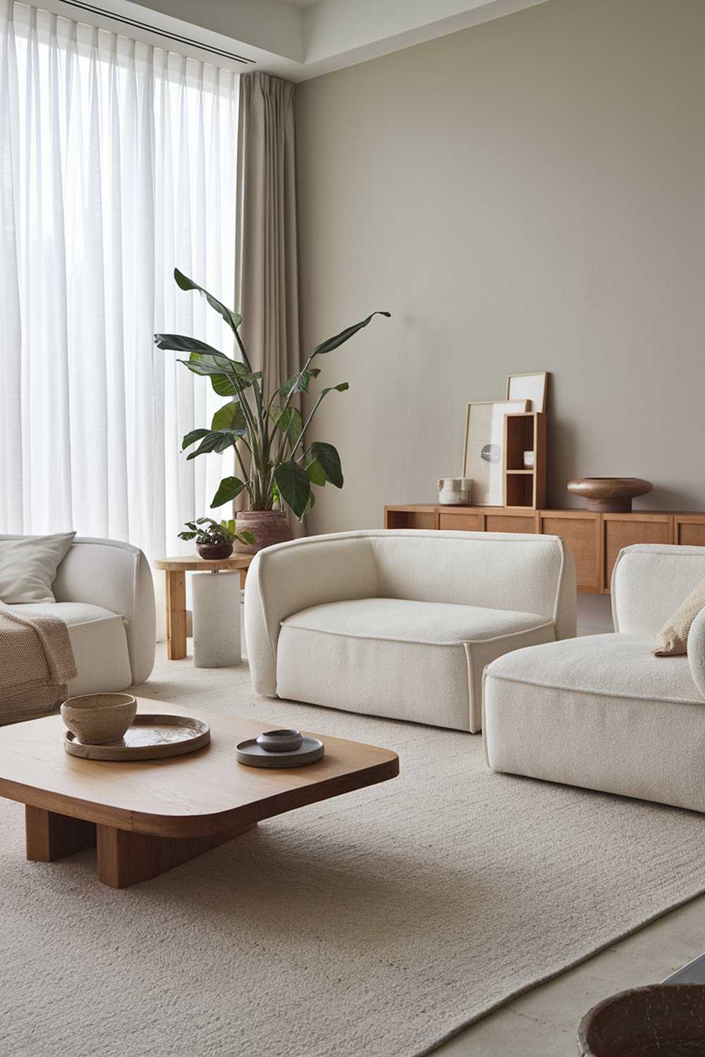  A large modern Scandinavian living room decor. The room has a white sofa with beige cushions, a beige rug, and a wooden coffee table. There are also a few decorative items, including a potted plant, a wooden box, and a ceramic bowl. The walls are painted in a light gray color. The room has a large window with white curtains.