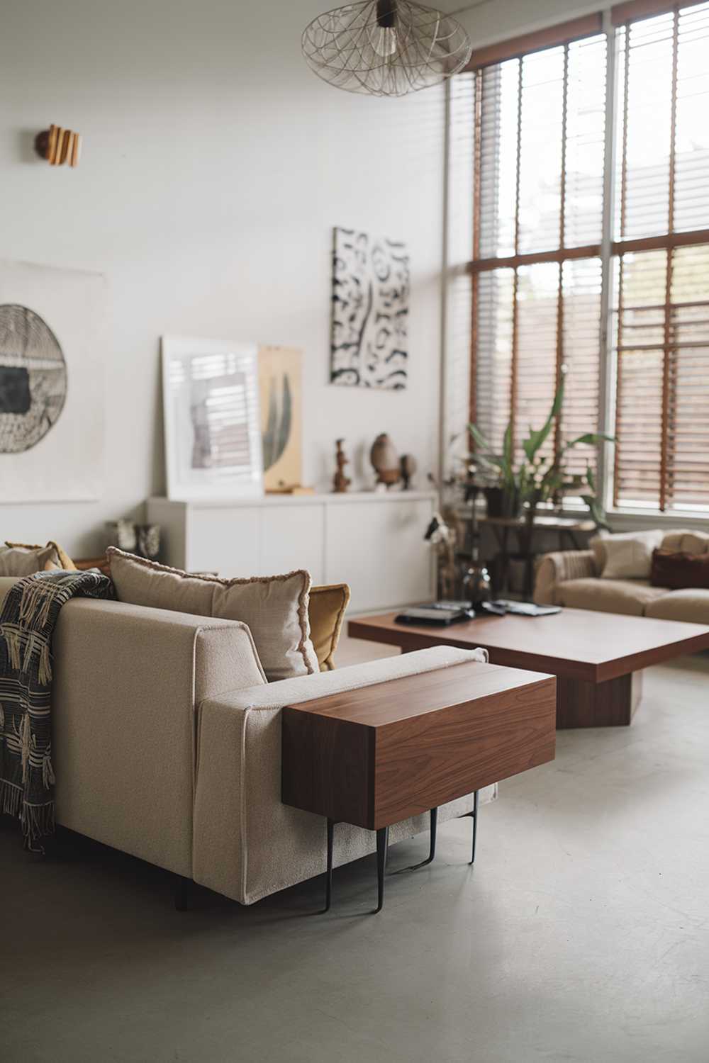 A large modern Scandinavian living room. The room has a beige sofa with a few throw pillows, a walnut coffee table, and a white bookshelf. The wall has a few pieces of art and a decorative light fixture. The room has a large window with wooden blinds and a plant near the window. The flooring is a light gray concrete.