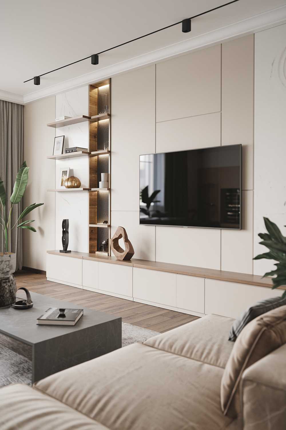 A large modern Scandinavian living room decor with a TV wall. The room has a beige sofa, a gray coffee table, and a white TV wall. There are also a few decorative items, such as a green plant and a wooden sculpture. The walls are painted white and have a few wooden shelves. The floor is made of wooden planks.