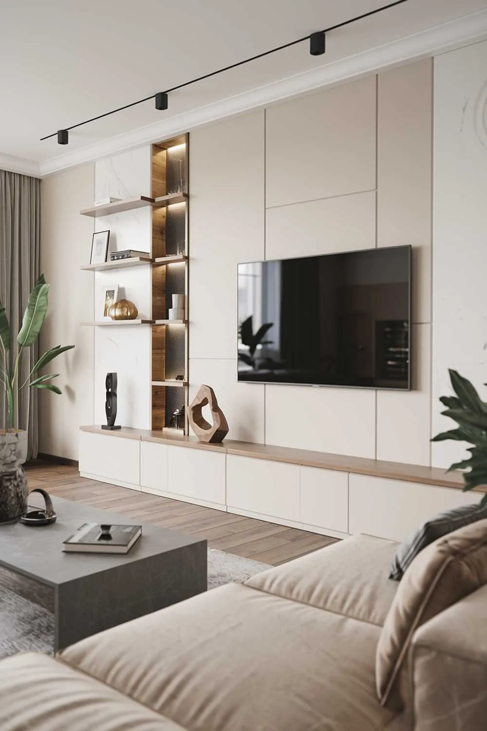 47 Modern Scandinavian Living Room Ideas to Try 21 A large modern Scandinavian living room decor with a TV wall. The room has a beige sofa, a gray coffee table, and a white TV wall. There are also a few decorative items, such as a green plant and a wooden sculpture. The walls are painted white and have a few wooden shelves. The floor is made of wooden planks.