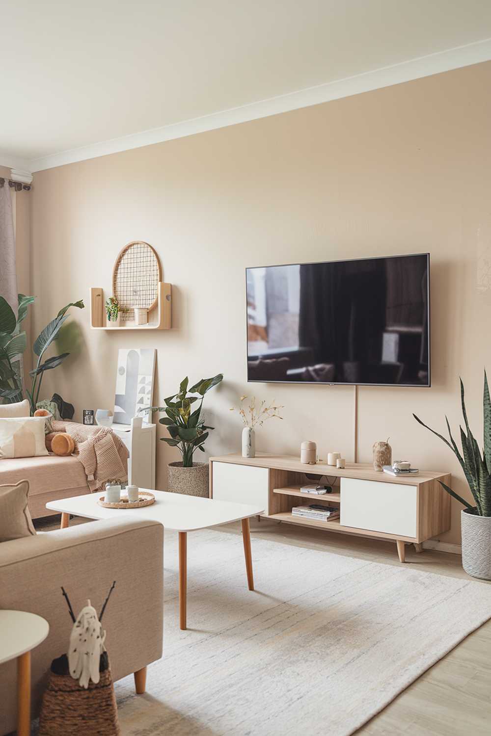 A modern Scandinavian living room with a large TV wall. The room has a beige sofa, a white coffee table, and a few plants. There are also a few wooden objects, including a side table and a decorative shelf. The floor is covered with a light-colored rug. The walls are painted in a soft beige color.