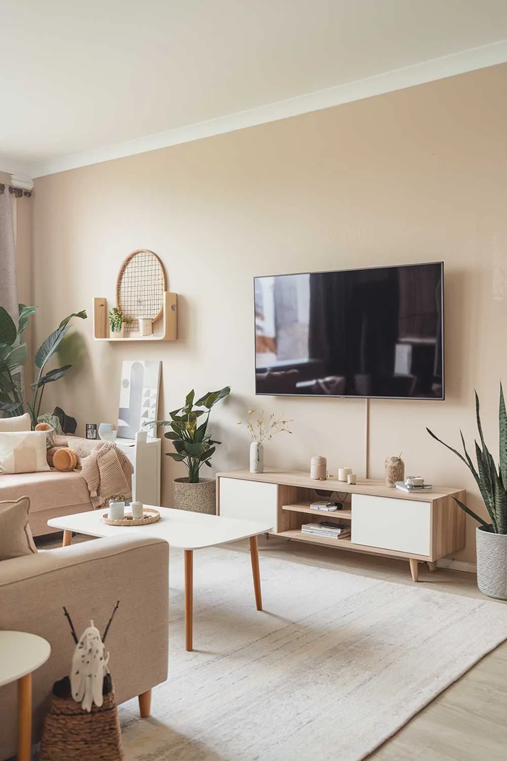 47 Modern Scandinavian Living Room Ideas to Try 22 A modern Scandinavian living room with a large TV wall. The room has a beige sofa, a white coffee table, and a few plants. There are also a few wooden objects, including a side table and a decorative shelf. The floor is covered with a light-colored rug. The walls are painted in a soft beige color.