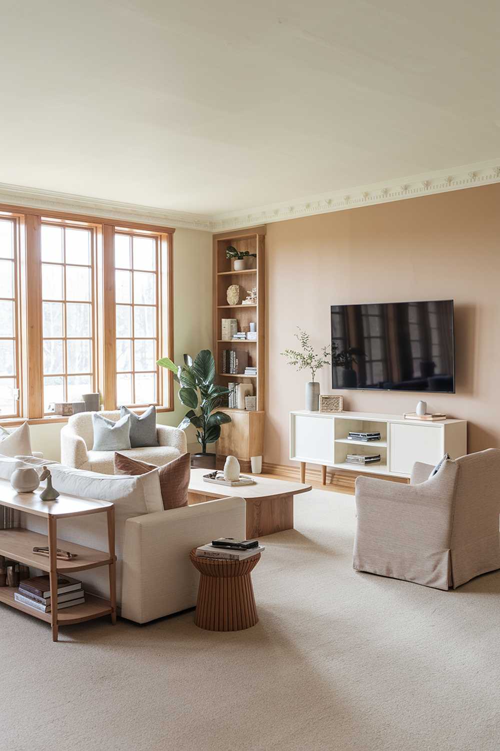 A  modern Scandinavian living room decor with a TV wall. The room has a beige sofa with a few throw pillows, a beige armchair, a wooden coffee table, and a wooden bookshelf. The walls are painted in soft beige and white. The TV wall has a white console table with a few decorative items. The floor is covered with a beige carpet. There's a potted plant near the sofa. The room has large windows with wooden frames, letting in natural light.