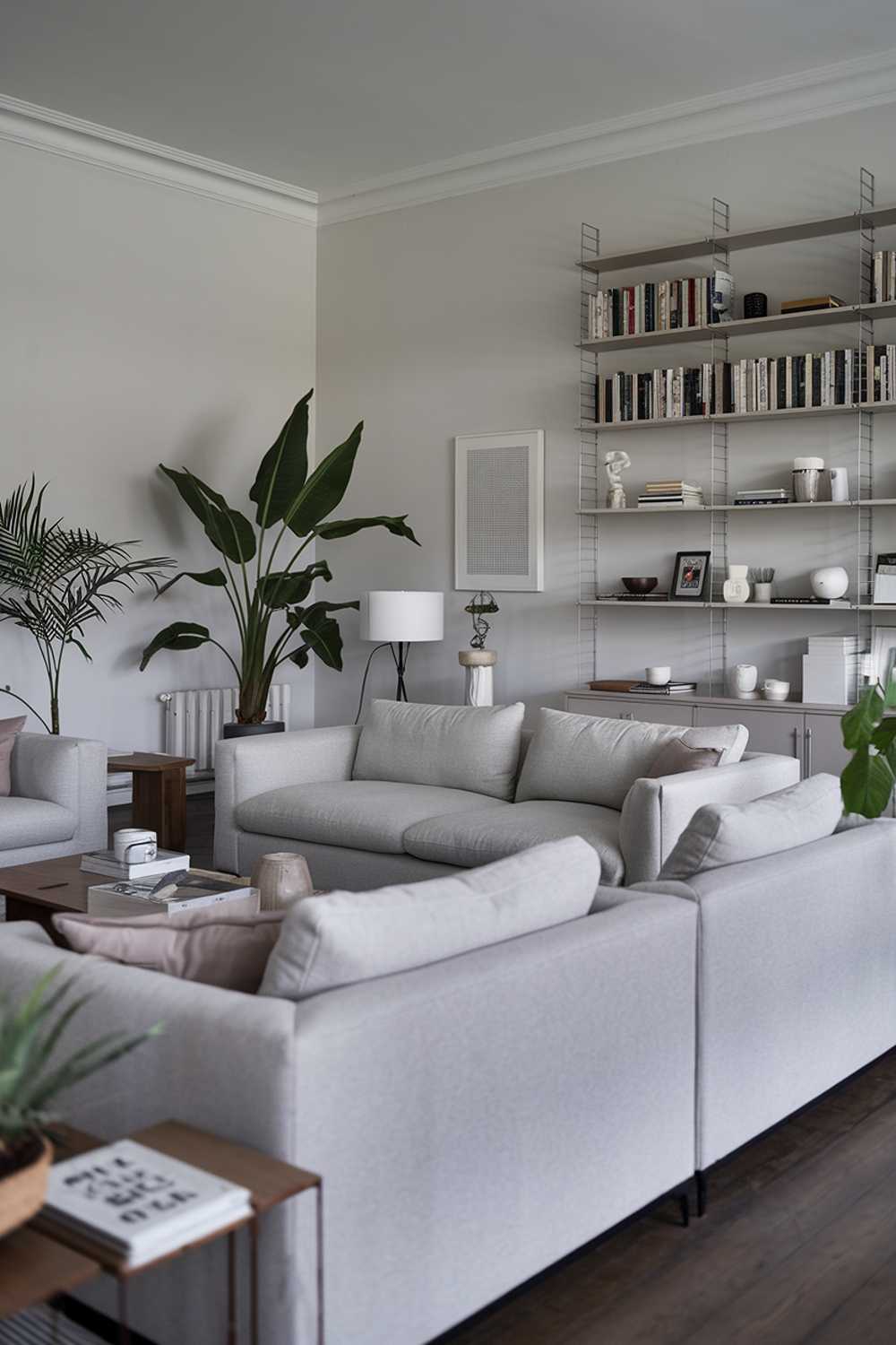 A large gray modern Scandinavian living room design. The shot is focused on the living room, which has a simple and minimalist design. There are gray sofas with clean lines, a few potted plants, a wooden coffee table, and a white lamp. The walls are painted white, and the floor is made of dark wood. In the background, there's a bookshelf filled with books and decorative items.