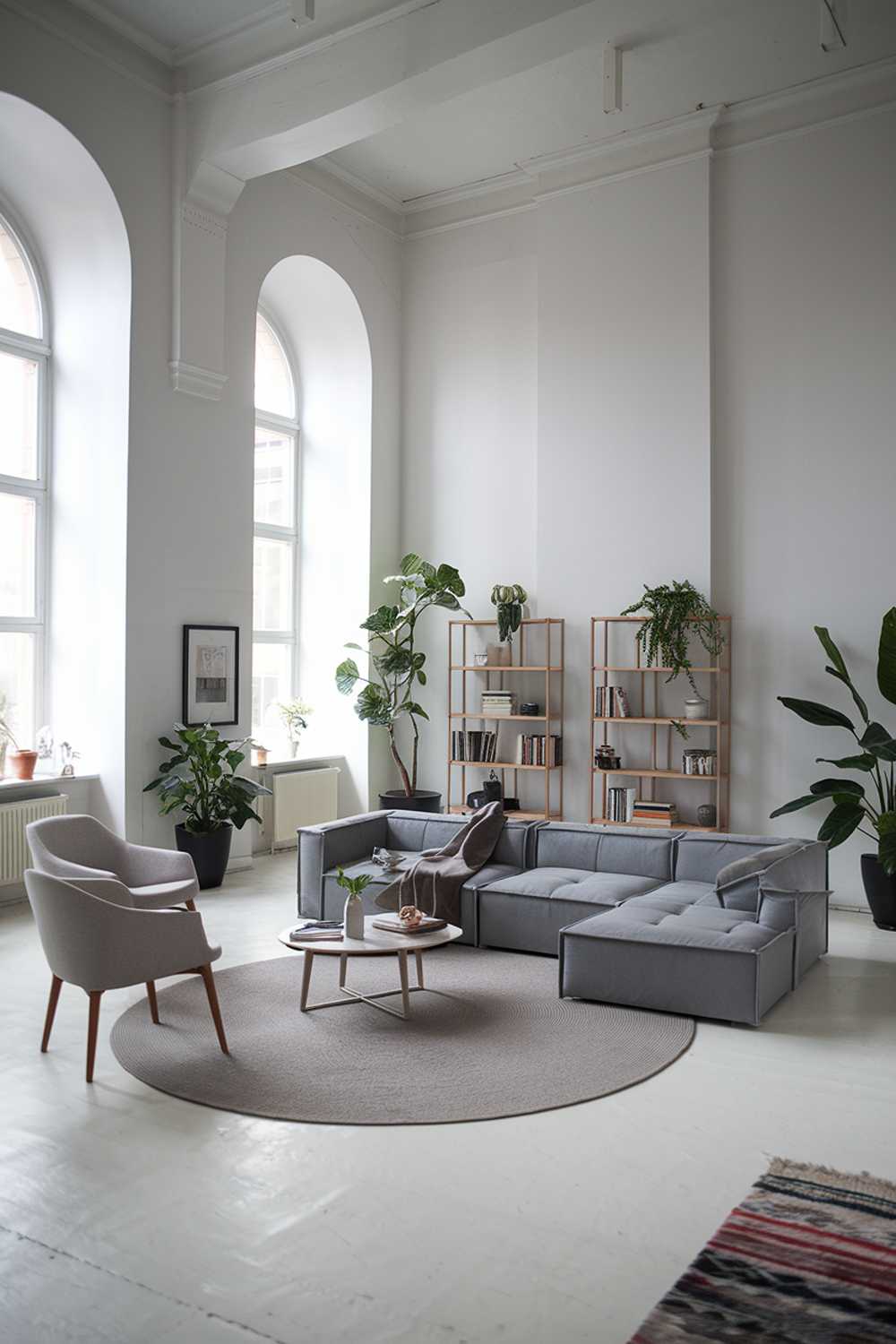 A large gray modern Scandinavian living room design. The room has a high ceiling and is furnished with a large gray sofa, a few chairs, a coffee table, and a bookshelf. There is a round rug in the center of the room. The walls are white, and there are a few potted plants.