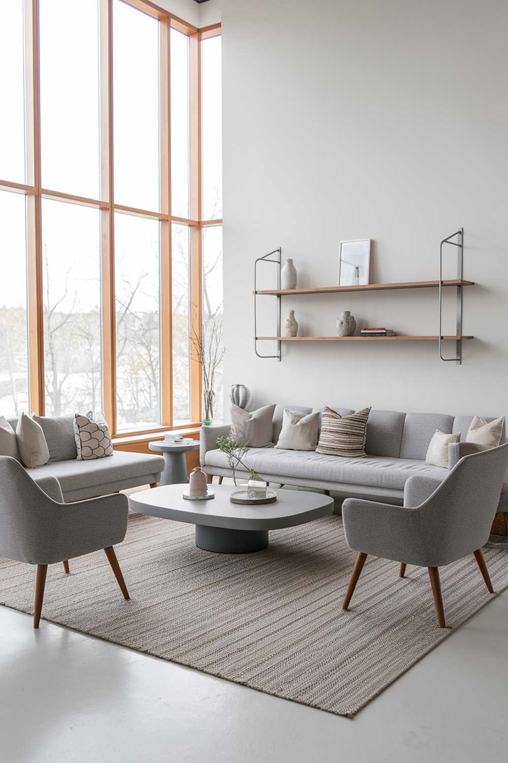 A gray modern Scandinavian living room design. There is a gray sofa with a matching gray coffee table in the center of the room. A few scattered cushions with a pattern add a pop of color. There are two gray chairs with wooden legs on either side of the coffee table. A beige rug covers the floor. A wooden shelf with a few decorative items is mounted on the wall behind the sofa. Large windows with wooden frames fill the room with natural light.