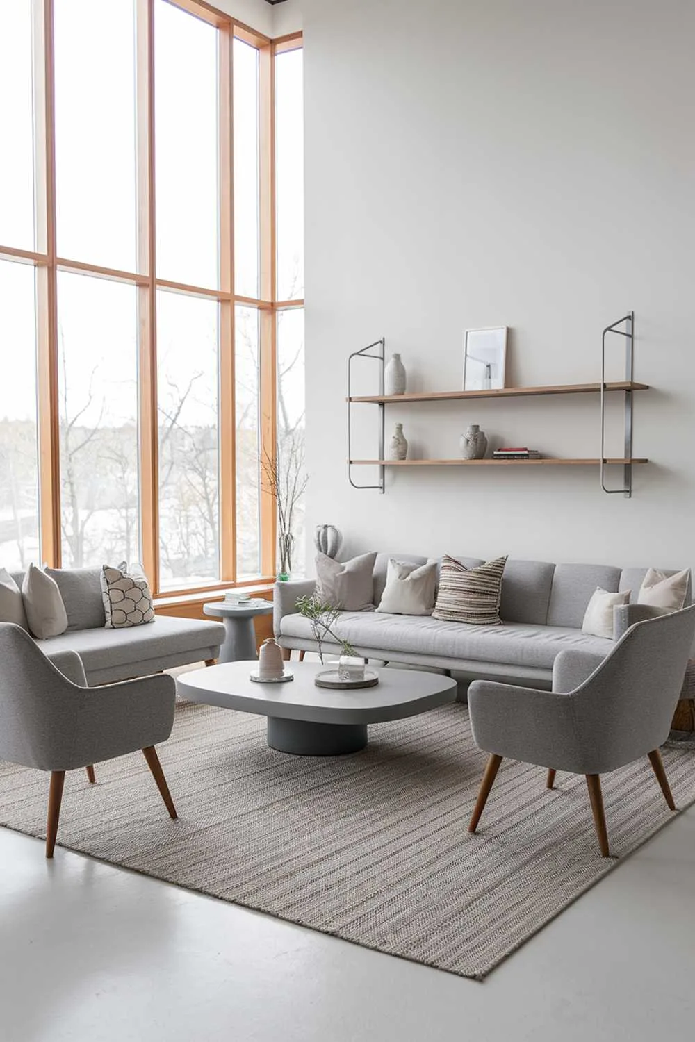 47 Modern Scandinavian Living Room Ideas to Try 27 A gray modern Scandinavian living room design. There is a gray sofa with a matching gray coffee table in the center of the room. A few scattered cushions with a pattern add a pop of color. There are two gray chairs with wooden legs on either side of the coffee table. A beige rug covers the floor. A wooden shelf with a few decorative items is mounted on the wall behind the sofa. Large windows with wooden frames fill the room with natural light.