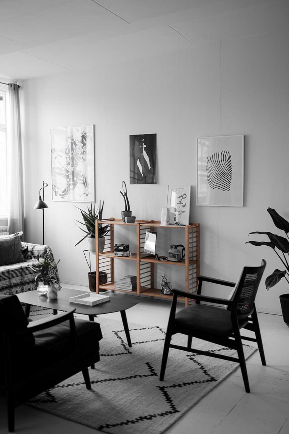 A black and white modern Scandinavian living room. The room has a sofa, a couple of chairs, a coffee table, and a plant. There's a wooden shelf with a few items. The walls have a few pieces of art. The room has a rug. The lighting is soft.