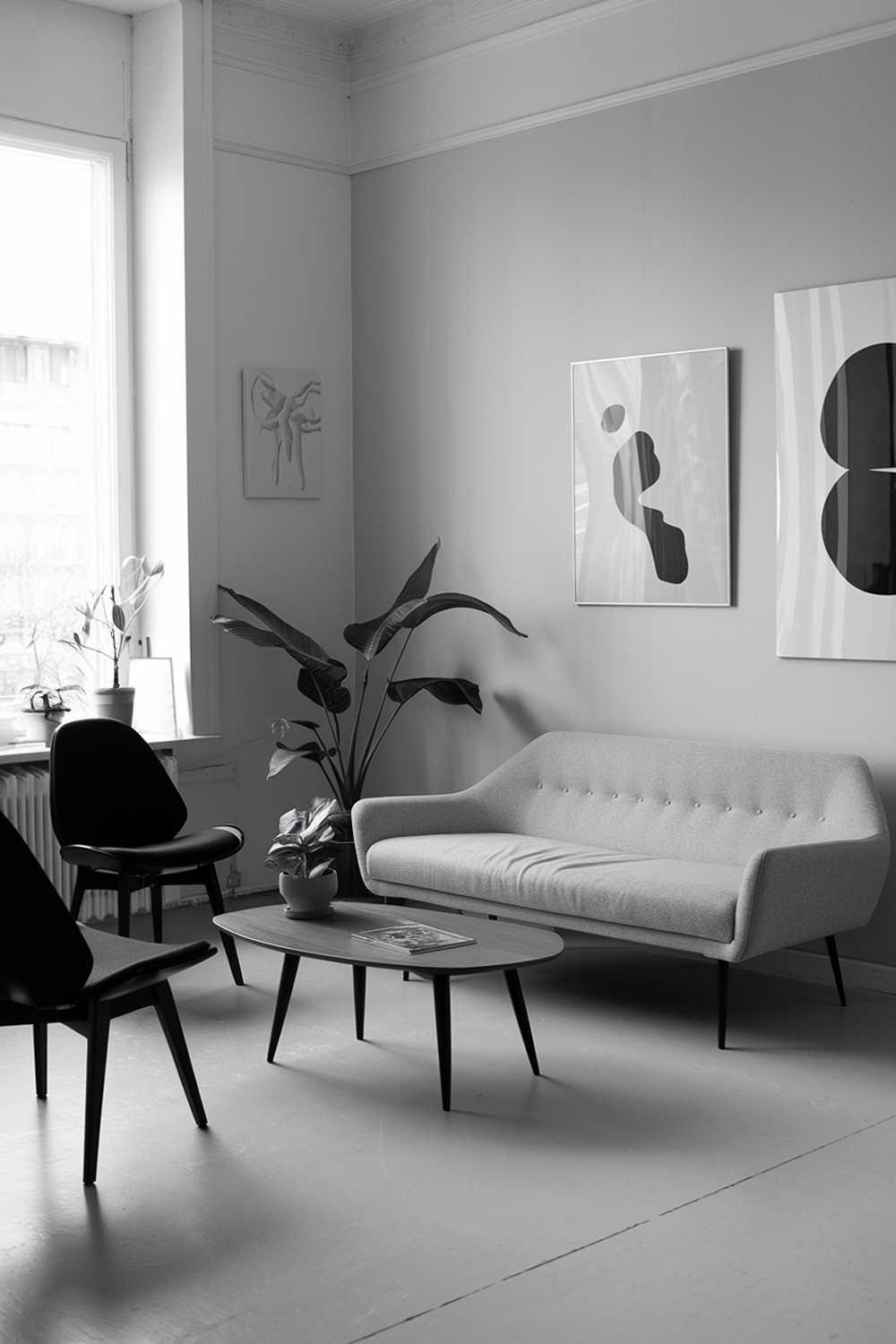 A modern Scandinavian living room design. There's a beige sofa with black legs, two black chairs, and a wooden coffee table in the room. A potted plant sits on the floor. The walls are painted white, and there are a few pieces of art hanging on the wall.