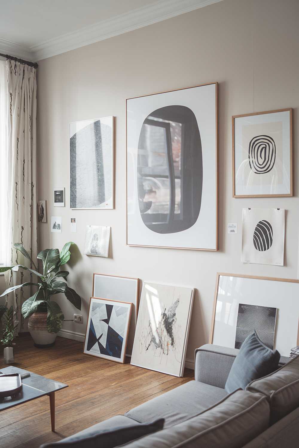 A modern Scandinavian living room with a wall of art. The wall is painted white and has several pieces of art hung on it. There is a large, abstract piece in the middle, with smaller, more traditional pieces on either side. The room has a sofa, a coffee table, and a potted plant. The floor is made of wood.