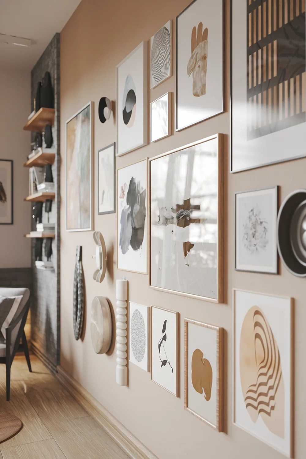 A modern Scandinavian living room art wall design and decor. The wall is filled with a variety of art pieces, including paintings, prints, and sculptures. The pieces are arranged in a balanced and visually pleasing manner. The wall is painted in a soft beige color. The room has a wooden floor and a few pieces of furniture, including a chair and a shelf. The overall design is minimalistic and has a warm and inviting atmosphere.