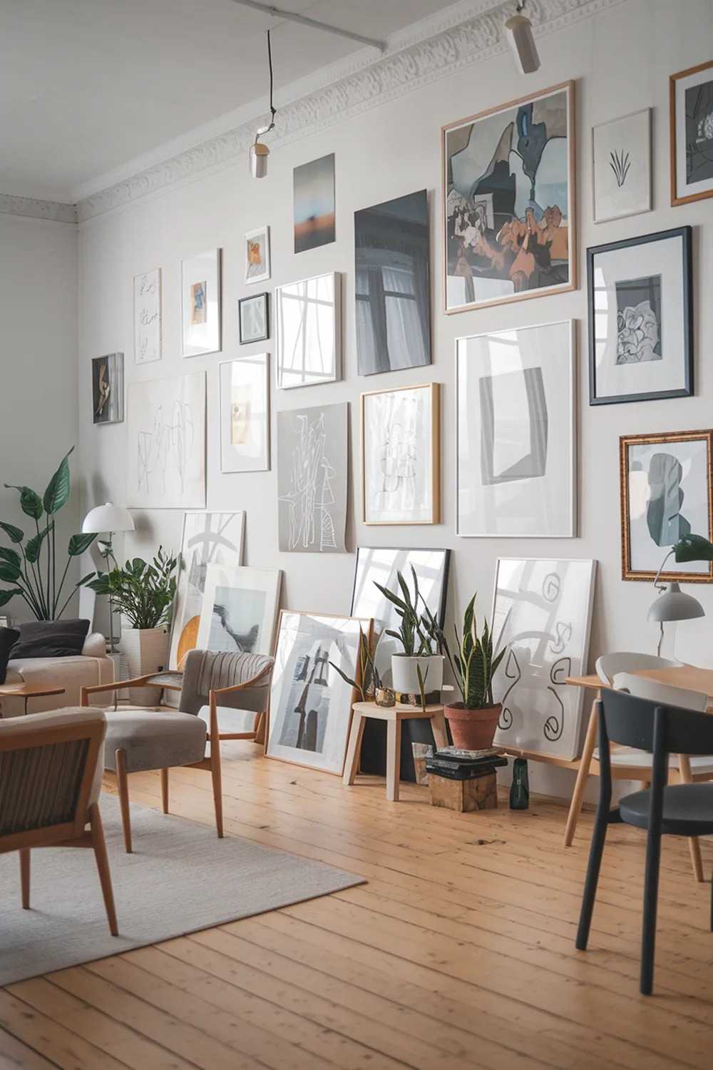 A modern Scandinavian living room with a large art wall. The wall is adorned with a variety of framed artworks, including paintings, drawings, and photographs. The artworks are hung at varying heights and are spaced apart to create a visually interesting pattern. The room has a wooden floor and features a few pieces of furniture, including a sofa, a chair, and a table. There are also potted plants and a lamp on the art wall. The overall design is light and airy, with a neutral color palette.