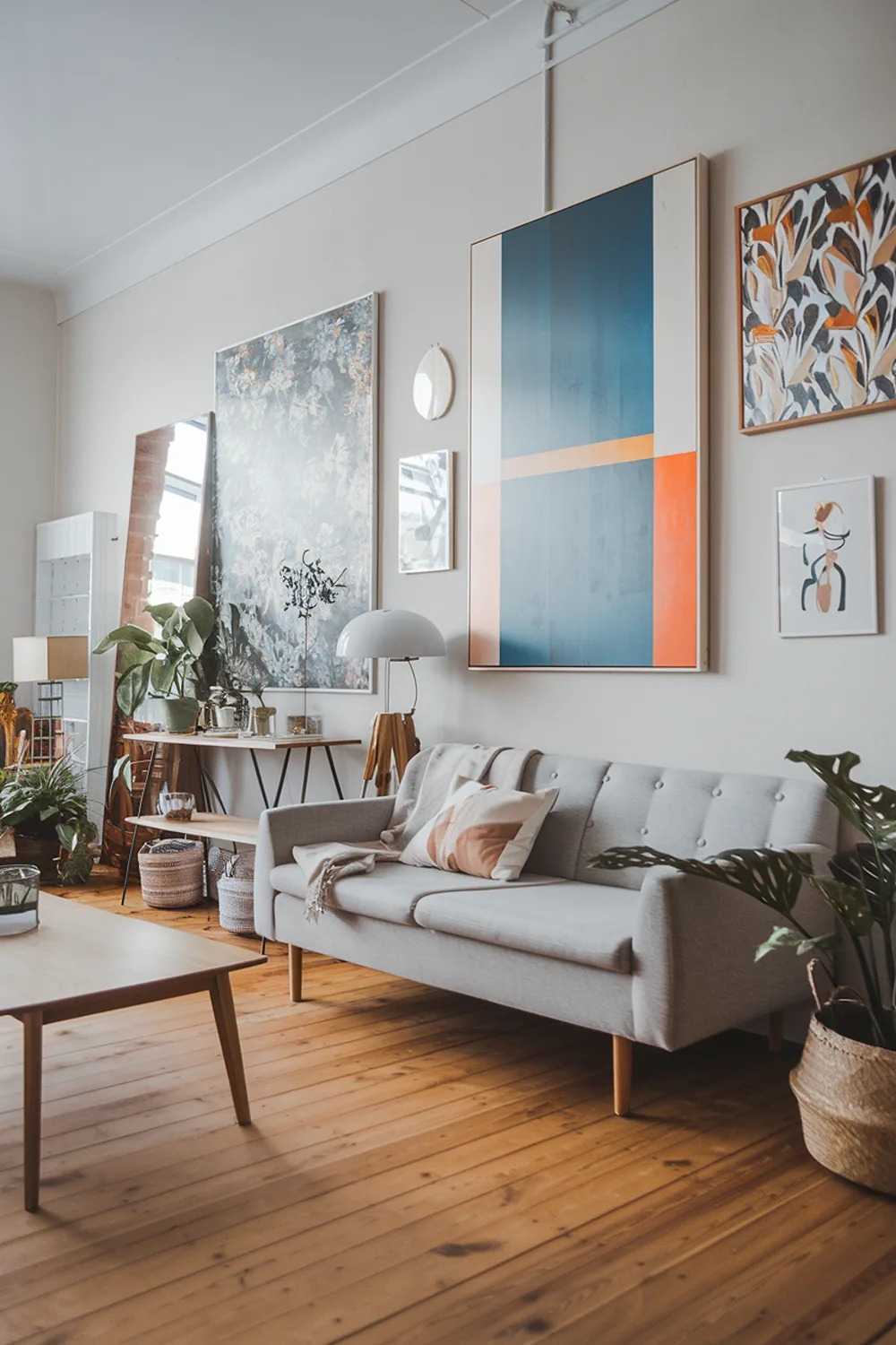 A modern Scandinavian living room with a wooden floor and a wall adorned with art. The wall has multiple pieces of art, including a large, abstract painting with a combination of blue, orange, and white. There's also a smaller painting with a floral pattern. The room has a gray sofa with a few throw pillows. There's a wooden coffee table in front of the sofa. The room has a few plants and accessories, including a white lamp and a basket. The walls and ceiling are painted white.