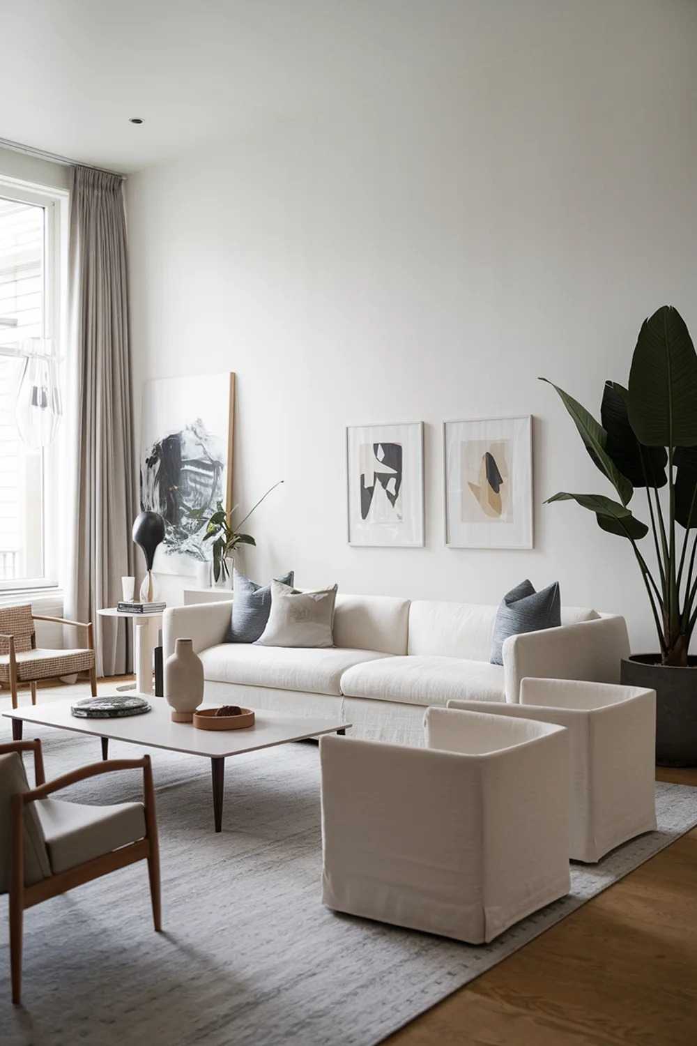 A large modern Scandinavian living room with a white sofa and a few chairs. There is a coffee table in the middle, with a few decorative items. The walls are adorned with a few artworks. A large potted plant is placed near the sofa. The floor is covered with a rug.