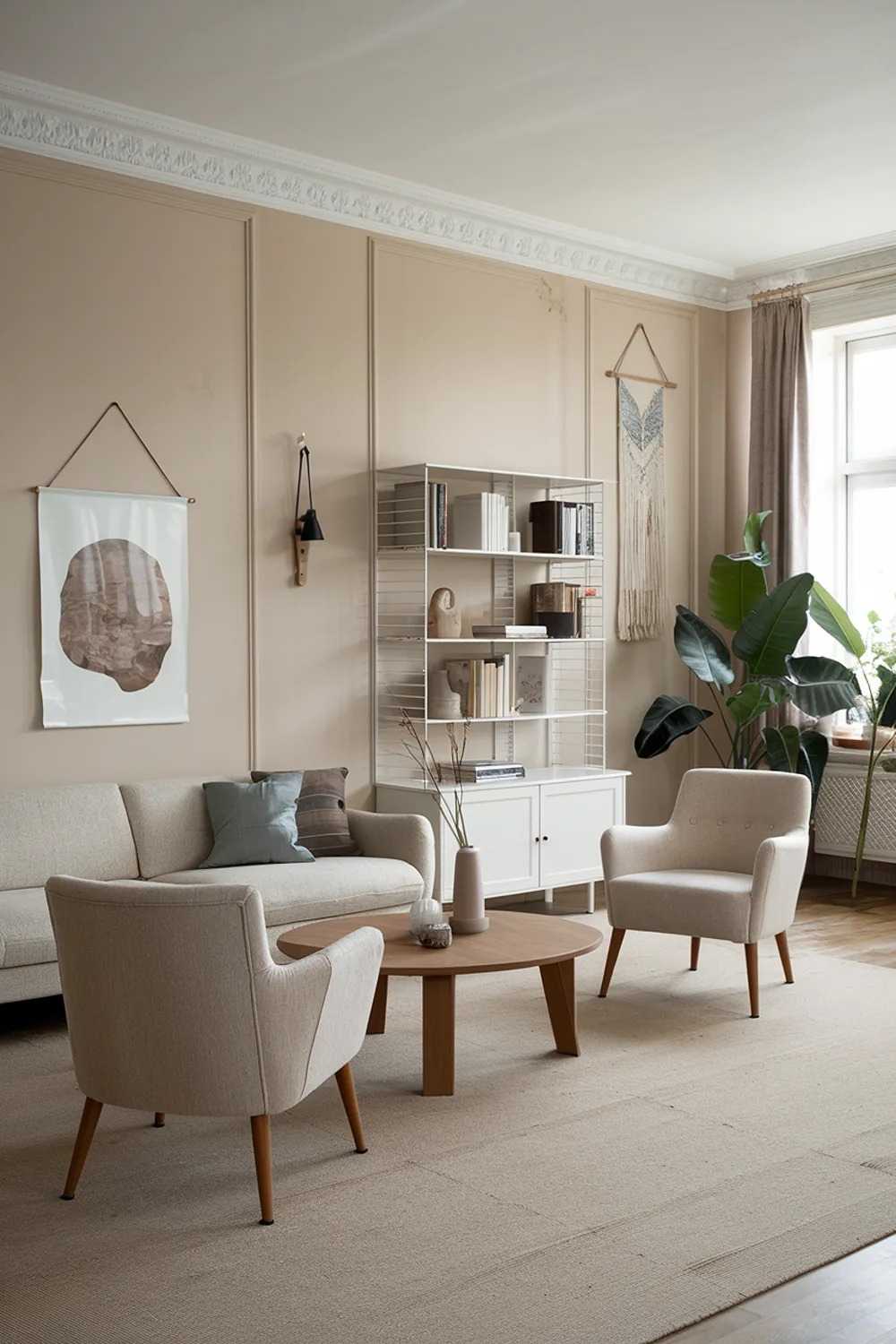 A large modern Scandinavian living room design and decor. The room features a beige sofa with a few throw pillows. There are two beige chairs with wooden legs and a wooden coffee table in the middle. A white bookshelf with books and decorative items is placed beside the sofa. The walls are painted beige and have a few hanging items. A large potted plant is placed near the window. The floor is covered with a beige rug.