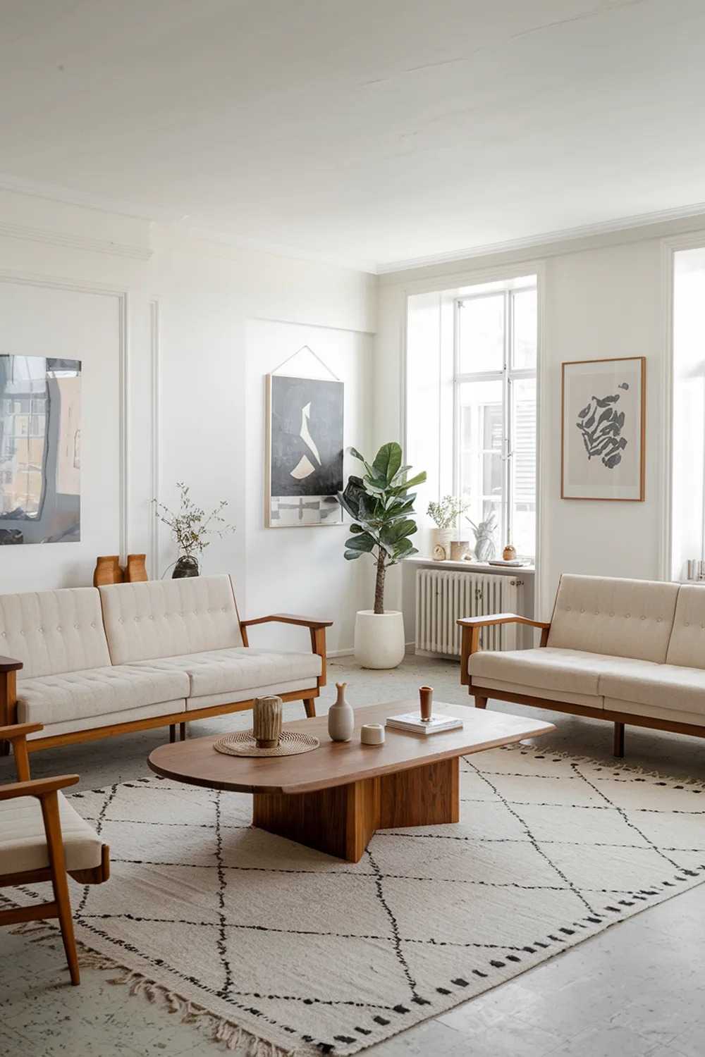 A large modern Scandinavian living room design and decor. The room has a white background with wooden furniture and decor. There is a large wooden coffee table in the center with a few items on top. There are two beige sofas with wooden legs on either side of the coffee table. There is a plant in a white pot near the window. The walls have a few pieces of art. The floor is covered with a large rug with a geometric pattern.