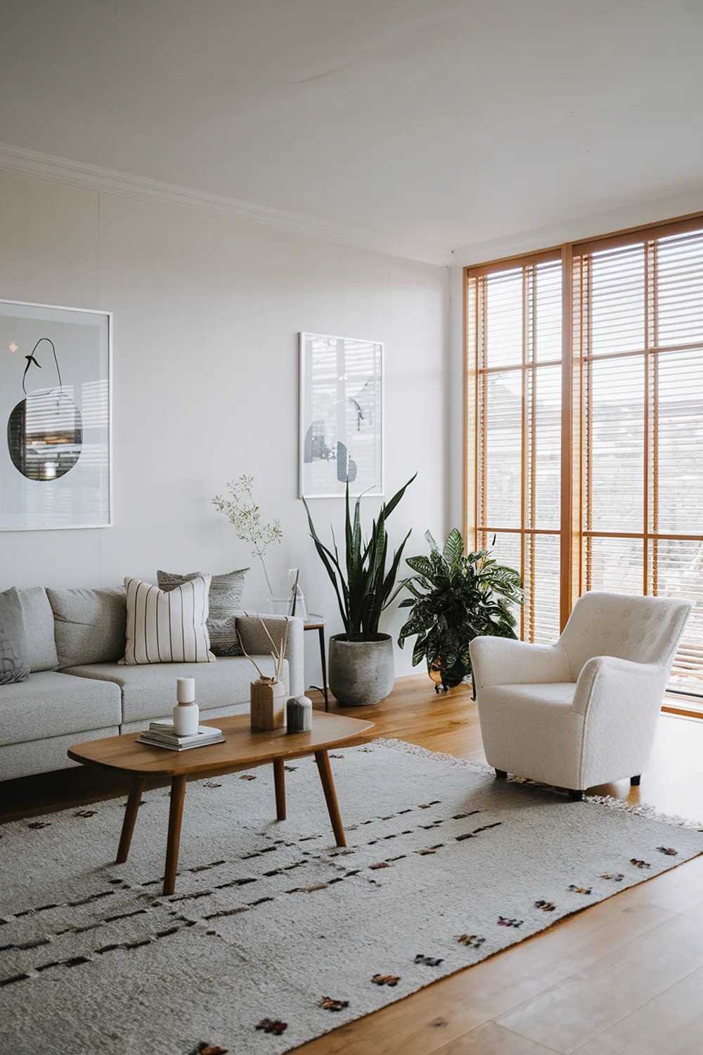 A modern Scandinavian living room with a large rug, a gray sofa, a white accent chair, a wooden coffee table, and a few decorative items. There are two potted plants near the sofa. The walls are painted white and have a few pieces of art. There's a large window with wooden blinds.