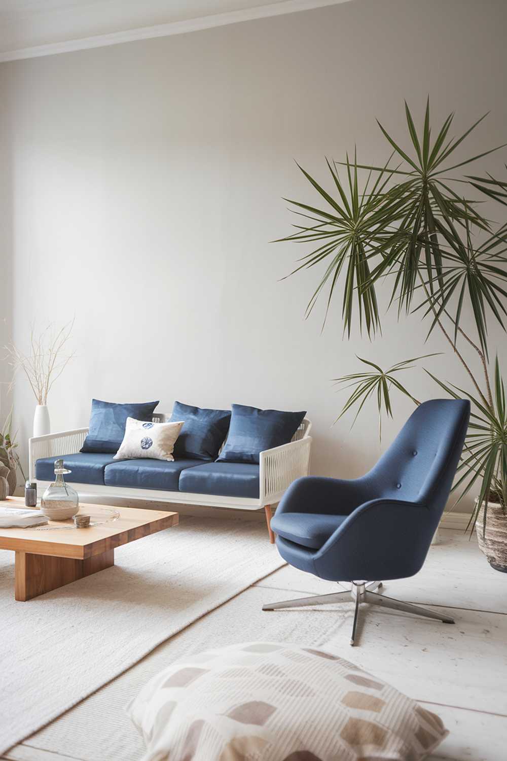 A Scandinavian living room with blue accents