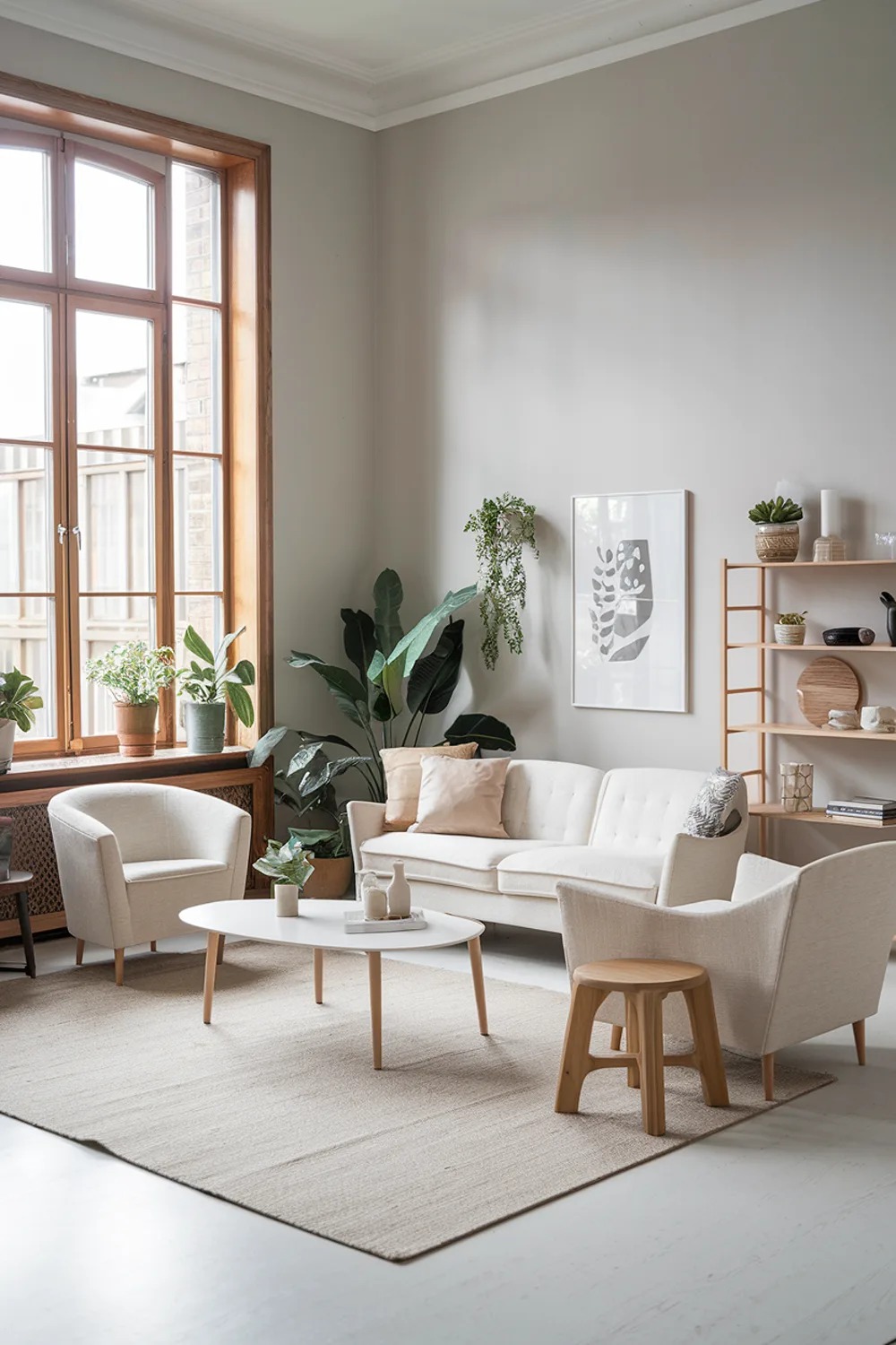 A large modern Scandinavian living room with a cozy atmosphere. The room has a white sofa with beige cushions, a beige armchair, and a white coffee table. There's a wooden stool near the wall. The walls are painted in light grey. The floor is covered with a beige rug. There are some potted plants and a wooden shelf with decor items. The room has a large window with wooden frames.