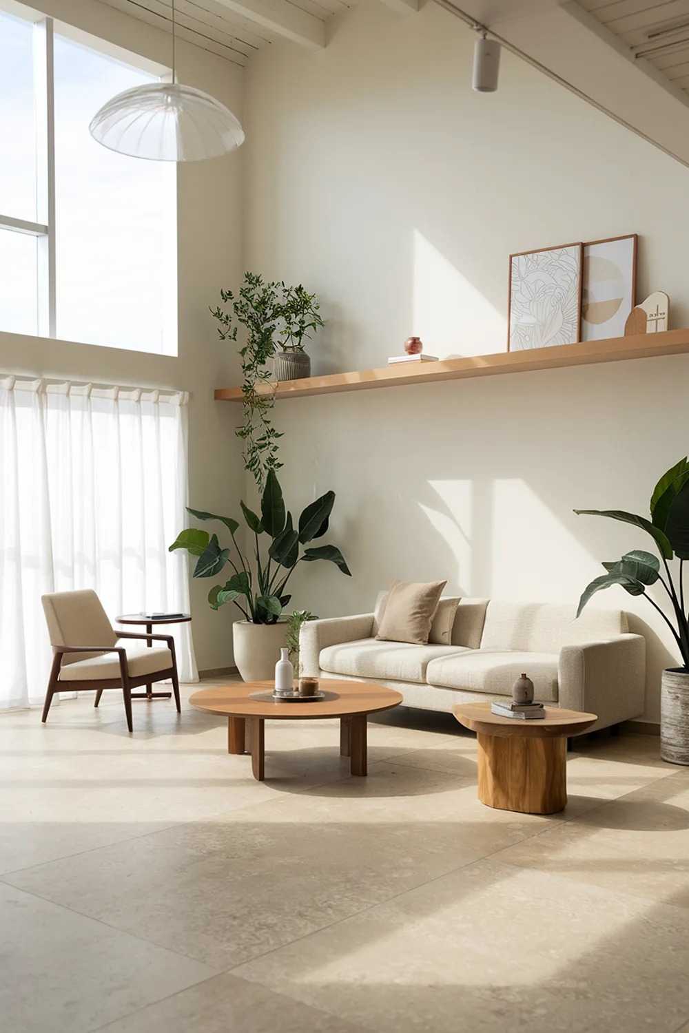 A large modern Scandinavian living room design and decor. The room has a high ceiling and is filled with natural light. There is a beige sofa with a few pillows and a wooden coffee table in the middle of the room. A beige chair with a wooden table is placed near the window. There are a few potted plants and a large, round, wooden side table near the sofa. The walls are painted white, and there's a wooden shelf above the sofa. The floor is made of large, beige tiles.