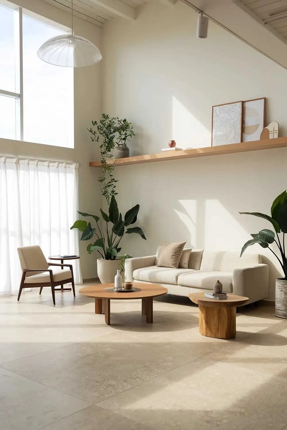 47 Modern Scandinavian Living Room Ideas to Try 42 A large modern Scandinavian living room design and decor. The room has a high ceiling and is filled with natural light. There is a beige sofa with a few pillows and a wooden coffee table in the middle of the room. A beige chair with a wooden table is placed near the window. There are a few potted plants and a large, round, wooden side table near the sofa. The walls are painted white, and there's a wooden shelf above the sofa. The floor is made of large, beige tiles.