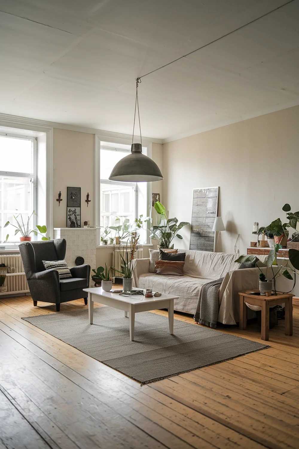 A large modern Scandinavian living room with a rustic touch. The room has a wooden floor, a beige sofa, a dark gray armchair, a white coffee table, and a wooden side table. There is a large pendant light hanging over the sofa. The walls are painted white. The room has several plants, a few personal items, and a rug. The lighting is soft.