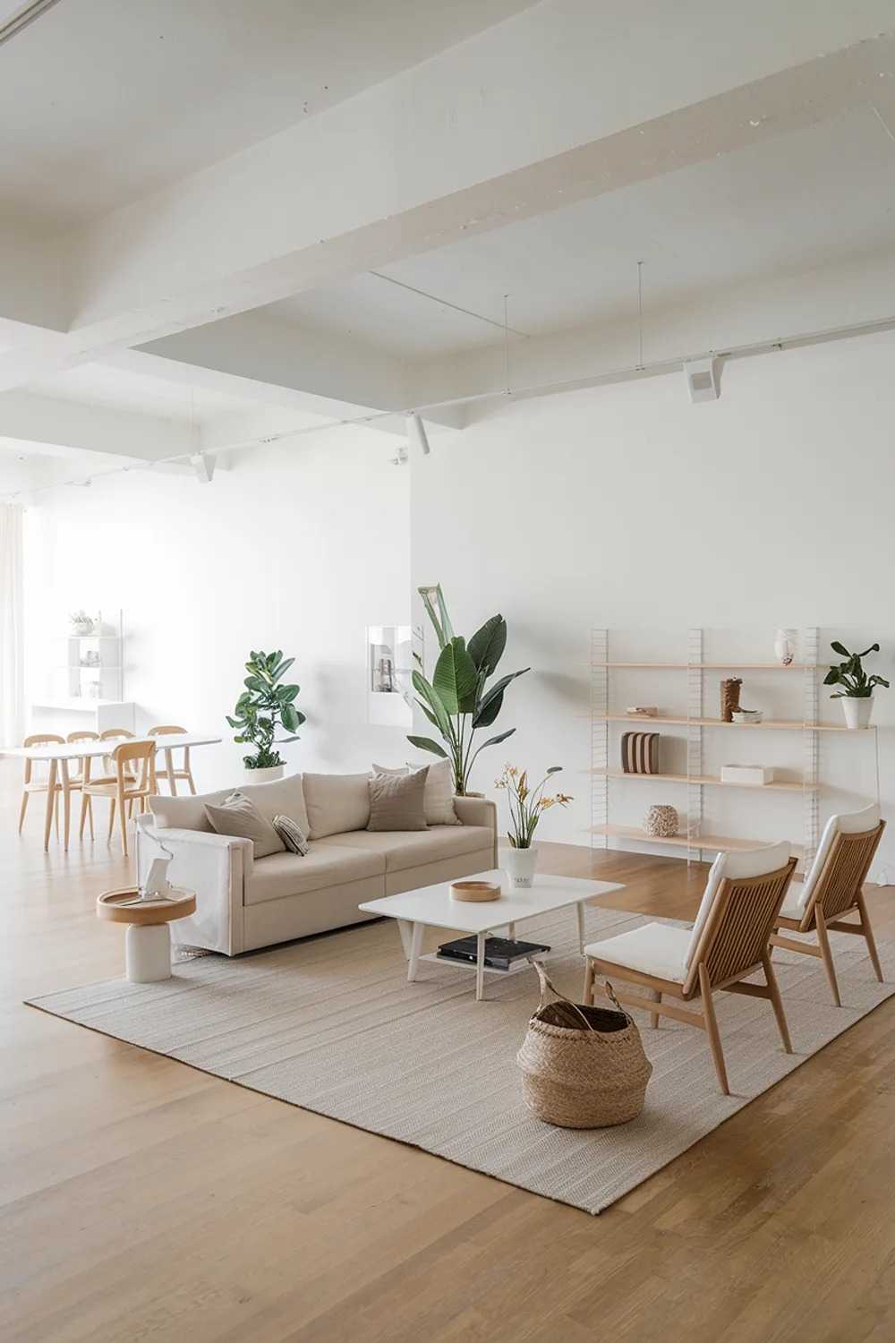 A large modern Scandinavian living room with a beige sofa, a white coffee table, and a few chairs. There are also a few potted plants and a decorative basket. The room has a wooden floor, white walls, and a few shelves. The overall design is simple and minimalistic.