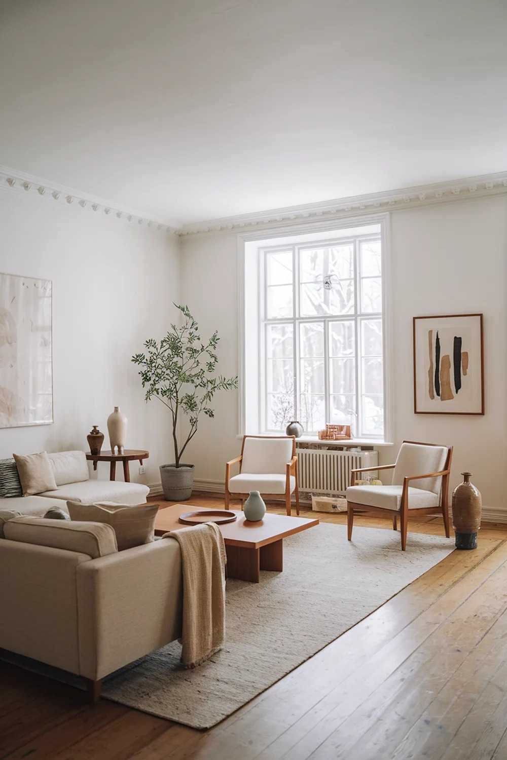 A modern Scandinavian living room with a beige sofa, a few chairs, a coffee table, and a plant. The room has a wooden floor, white walls, and a few pieces of artwork on the walls. There is a large window with a view of a snowy landscape. The room has a few decorative items, such as a ceramic vase and a wooden tray. The overall design is simple and minimalistic, with a warm and cozy ambiance.