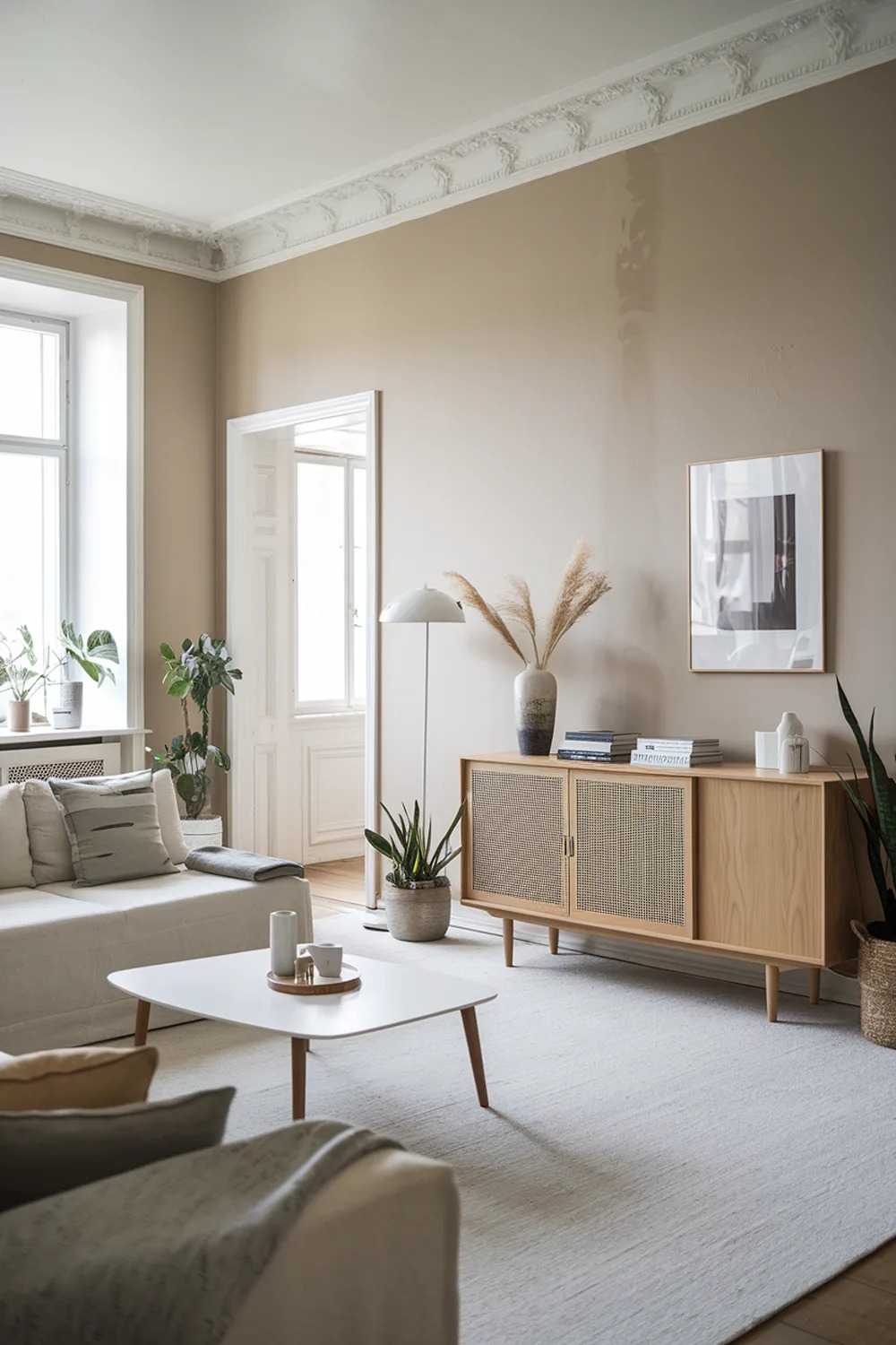 A large modern Scandinavian living room with a minimalist design and decor. The room has a white sofa with gray cushions and a few pillows. There's a white coffee table in the middle of the room. The walls are painted beige. There's a wooden cabinet by the wall, with a vase and a few books on top. The floor is covered with a white rug. The room has a few plants and a lamp. The background contains a door and a window.