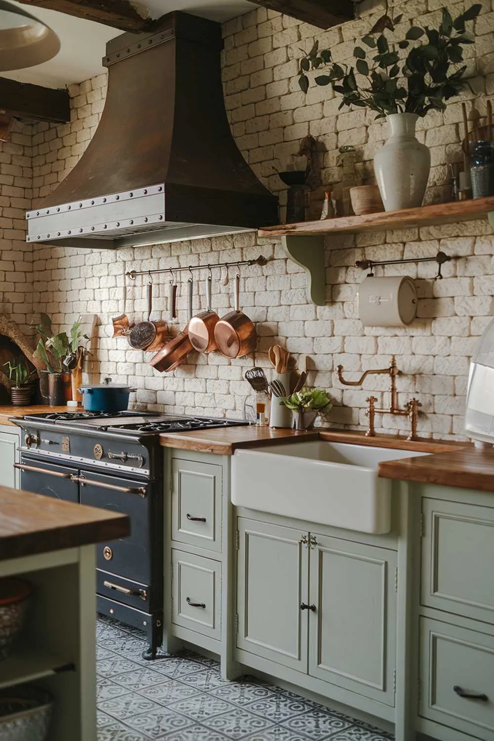 A stylish modern vintage kitchen decor with a highly detailed and rustic charm. The kitchen has a wooden countertop, a vintage range hood, and a farmhouse sink. There are copper pots and pans hanging above the sink. The wall has a brick texture and a shelf with a white vase and greenery. The floor has a patterned tile. The lighting is warm.