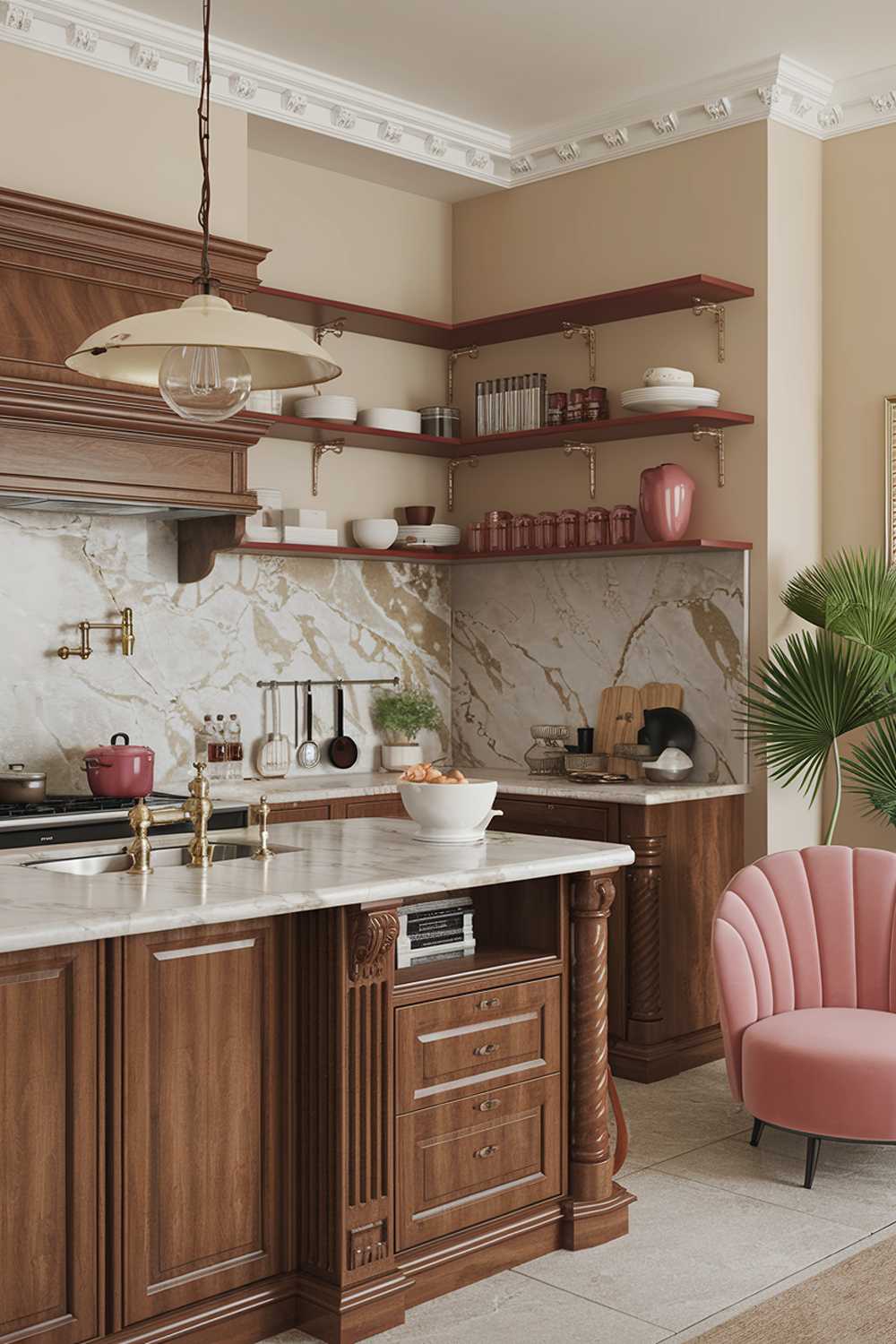 A highly detailed stylish modern vintage kitchen decor. The kitchen has a vintage style with modern elements. The room has a wooden cabinet, a marble counter, a brass faucet, and a vintage light fixture. There's a pink chair and a potted plant in the corner. The walls are painted beige.