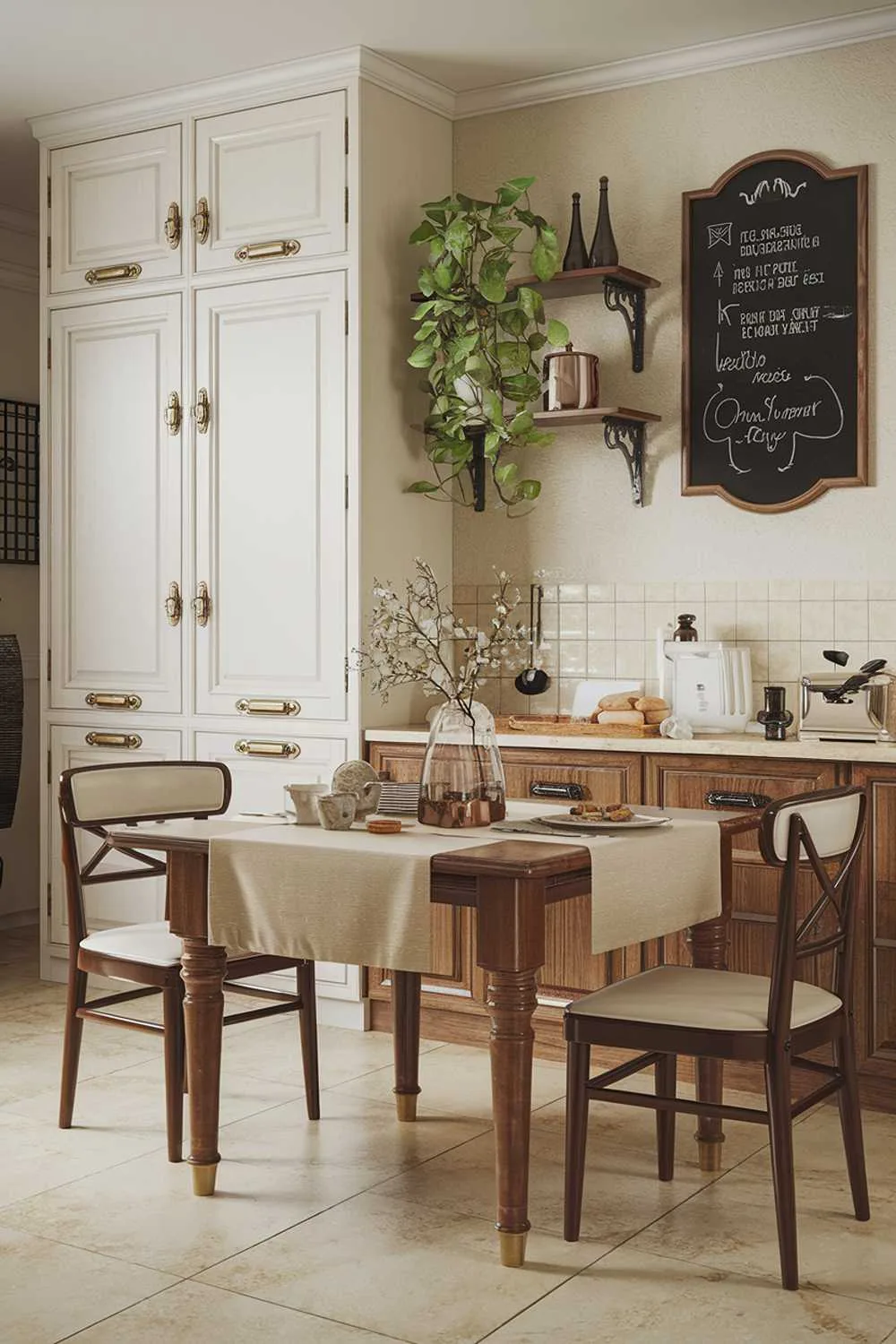 A highly detailed photo of a stylish modern vintage kitchen decor. There is a wooden table with a beige tablecloth, surrounded by chairs. On the wall behind the table, there is a white cabinet with brass handles and a shelf with a green plant. Above the shelf, there is a black board with chalk writing. The floor is made of beige tiles.