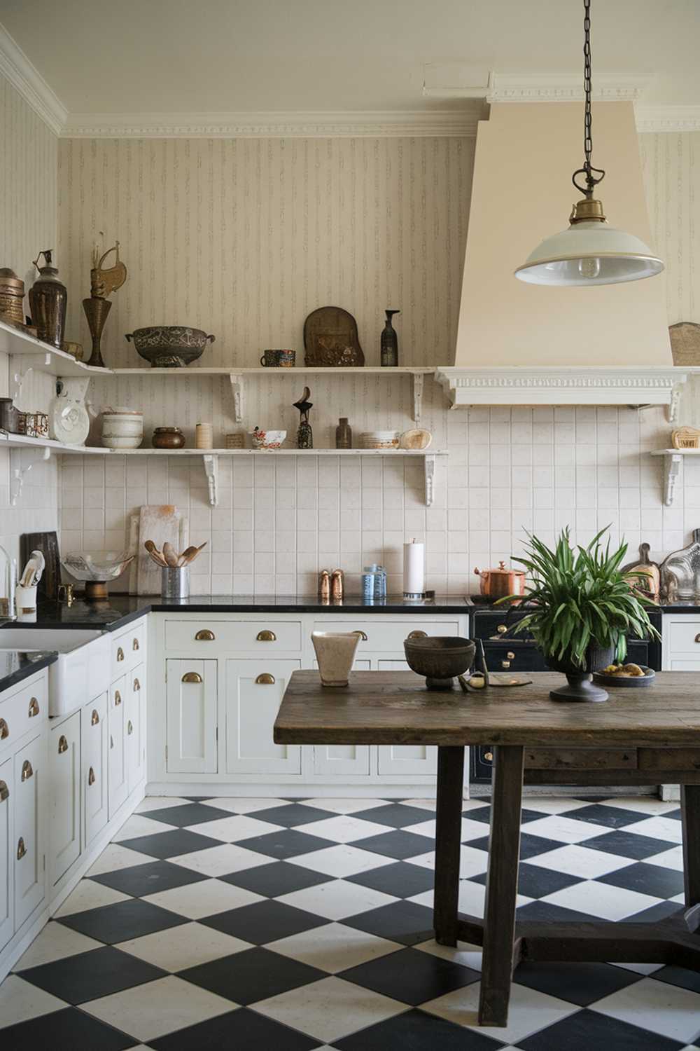 A highly detailed, stylish modern vintage kitchen decor. The kitchen has a black and white checkered floor. There is a large wooden table with a plant in the middle. There are white cabinets with brass knobs and a black countertop. There are vintage items like a copper pot, a wooden colander, and a ceramic bowl. There is a pendant light hanging above the table. The walls have a subtle pattern.