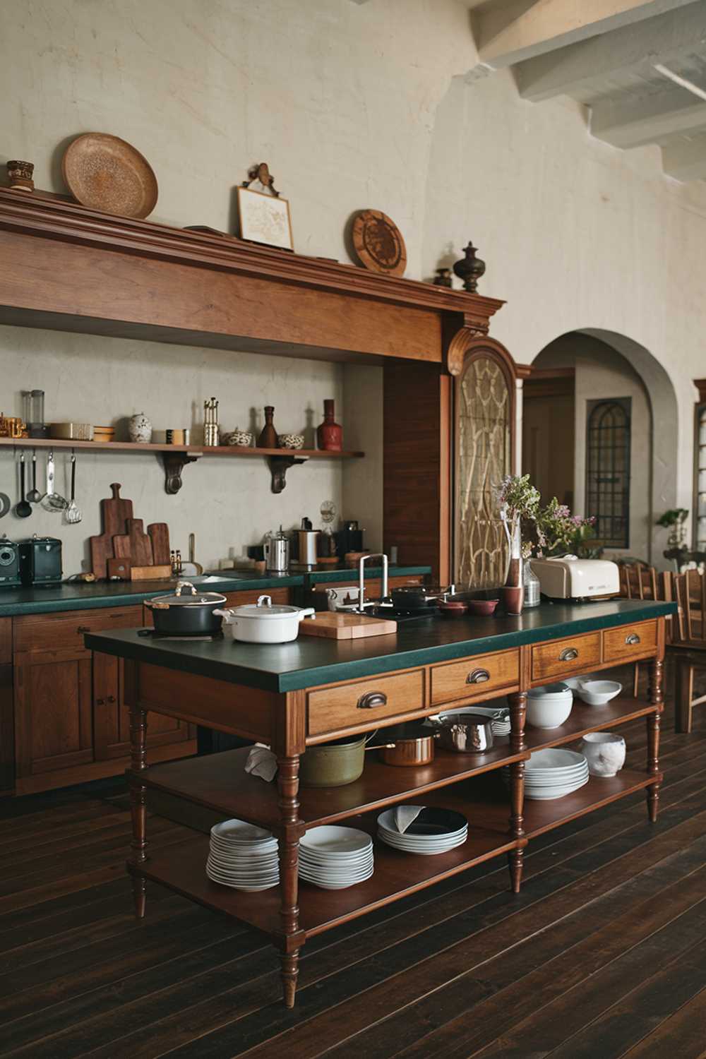 A modern vintage kitchen with a stylish decor. The kitchen has a wooden island with a dark green countertop. There are various pots, pans, and cooking utensils placed on the island. The wall behind the island has a wooden shelf with decorative items. The floor is made of dark wood planks. The overall ambiance of the room is warm and inviting.