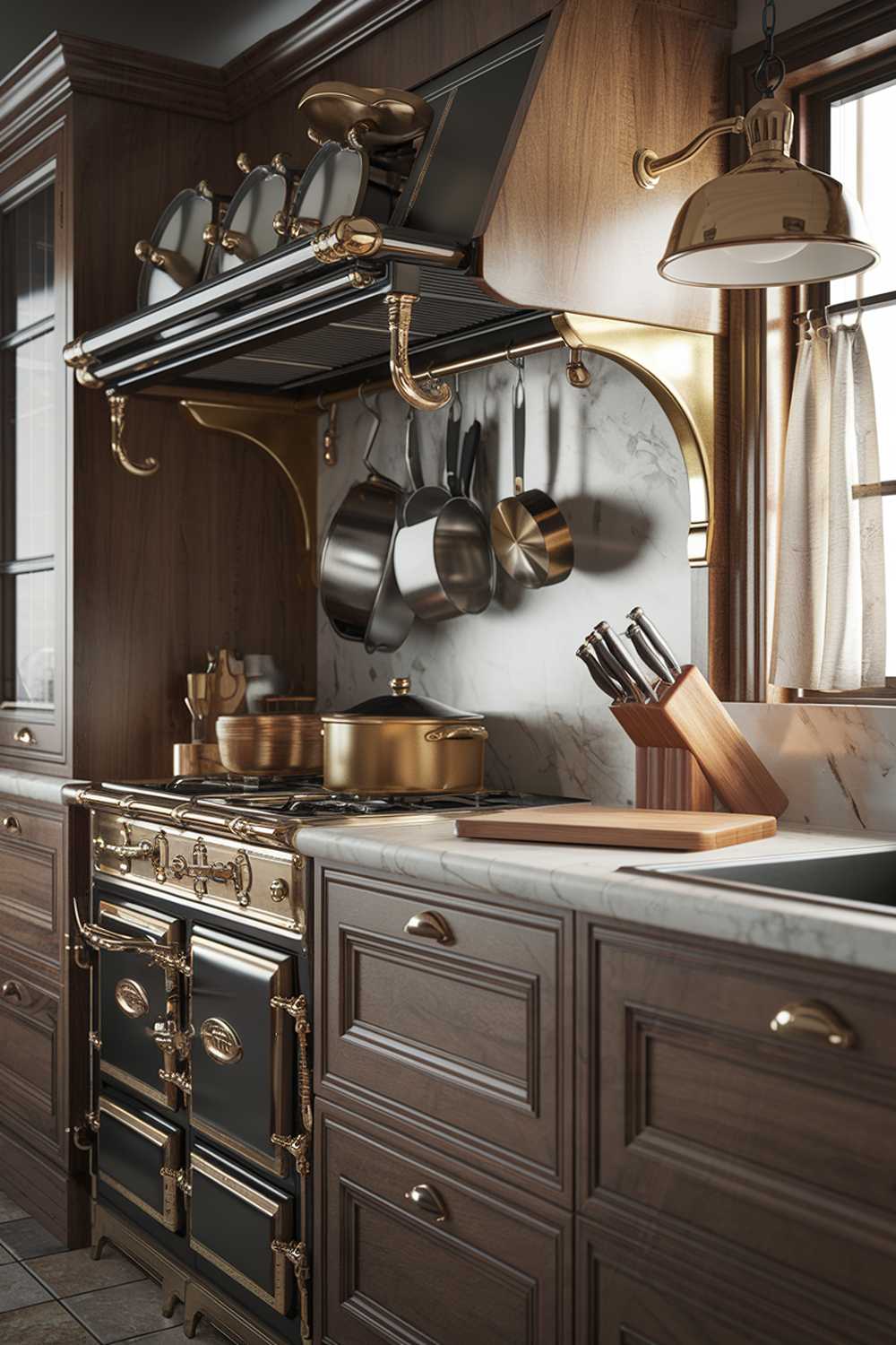 A modern vintage kitchen with a stylish decor. The kitchen has a wooden island with a dark green countertop. There are various pots, pans, and cooking utensils placed on the island. The wall behind the island has a wooden shelf with decorative items. The floor is made of dark wood planks. The overall ambiance of the room is warm and inviting.