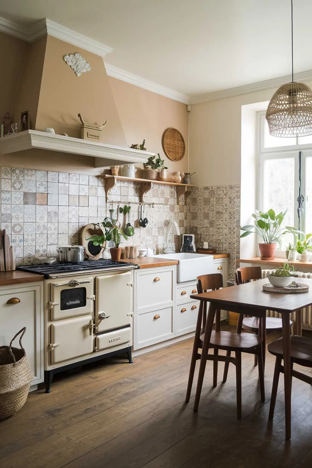 A modern vintage kitchen with a stylish decor. The kitchen has a beige and white color scheme with wooden accents. There is a vintage stove and a wooden table with chairs. The walls have decorative tiles. There are potted plants and a basket near the window. The floor is made of wood.