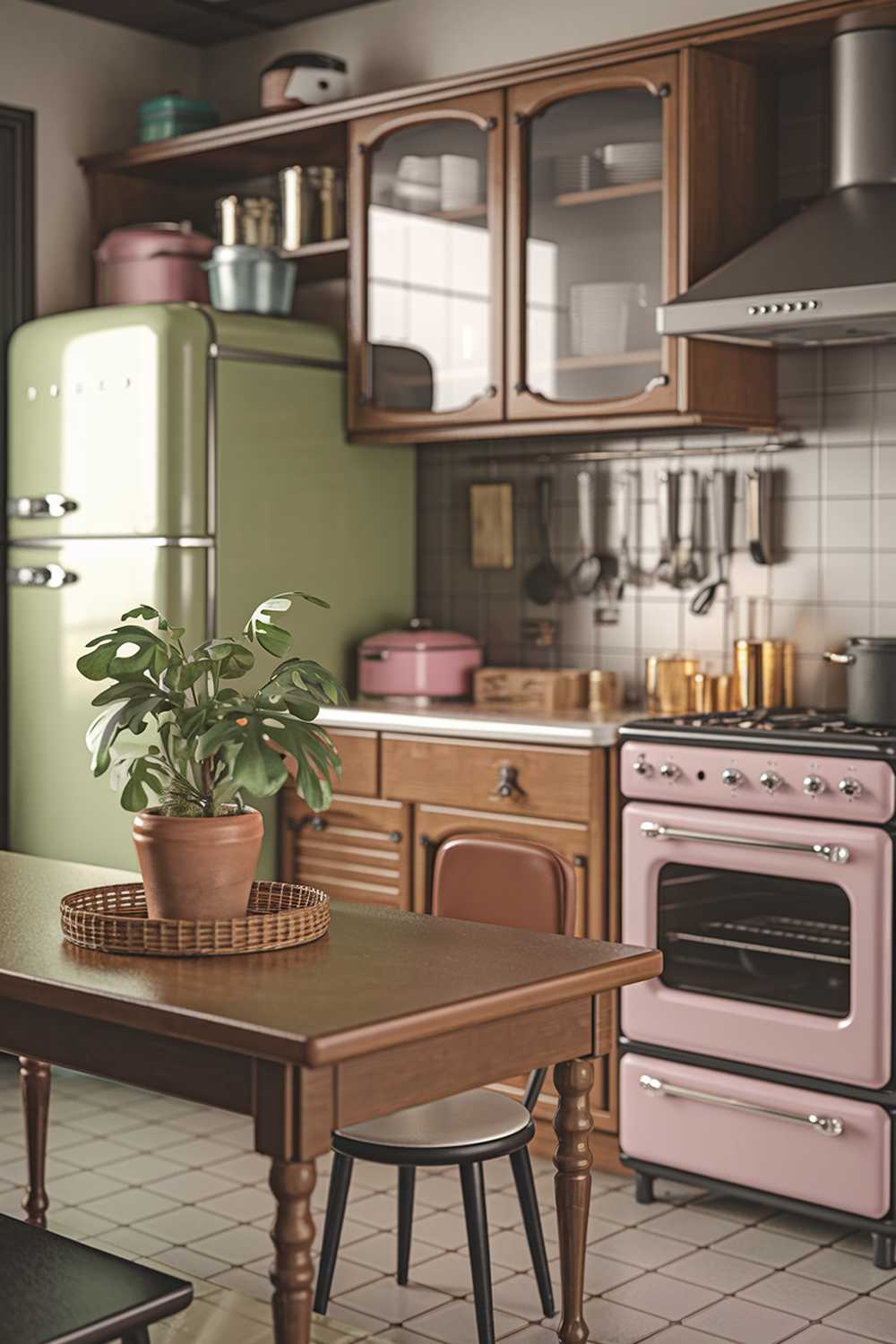 A highly detailed stylish modern vintage kitchen decor with a green refrigerator, wooden cabinets, and a pink oven. There is a wooden table with a potted plant and a basket. There are various kitchen tools and utensils on the counter. The floor is tiled.